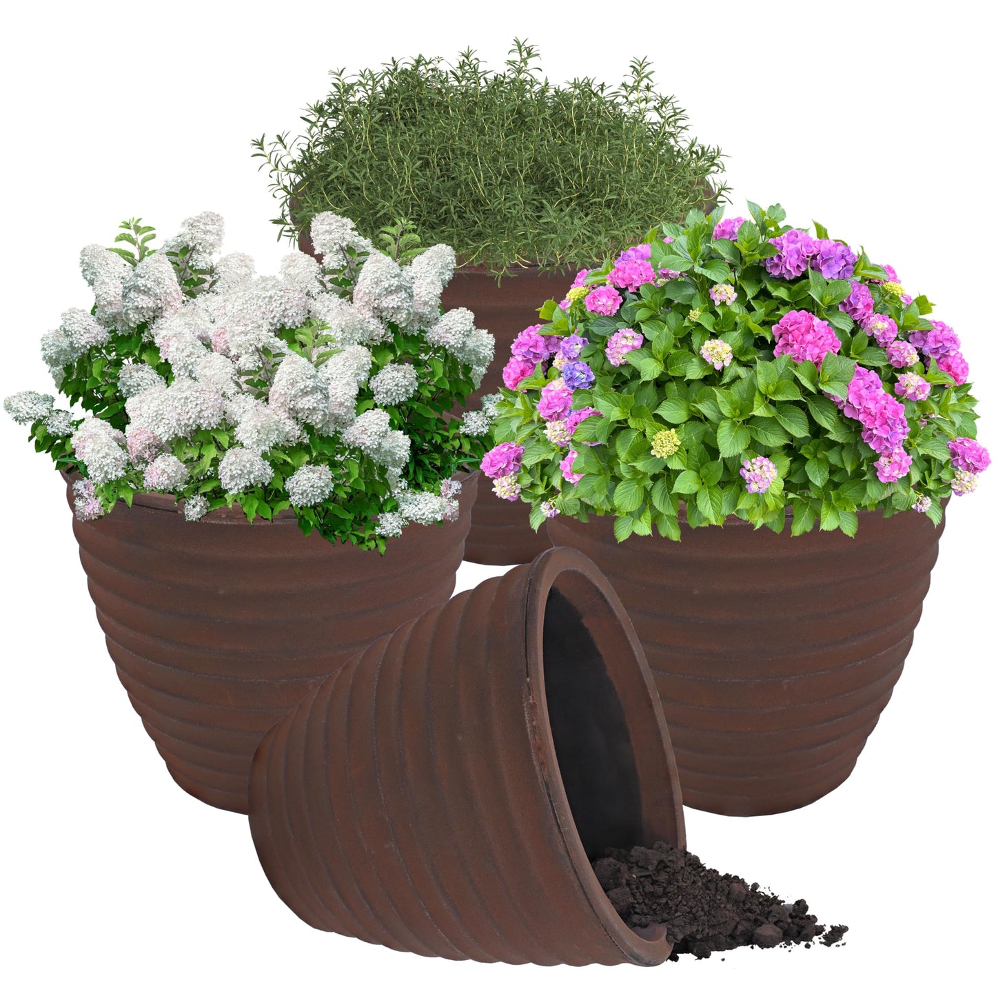 Sunnydaze Ribbed 16" Outdoor Plant Pot - Polyresin Double-Walled Planter for Indoor or Outdoor Use - Rust - Set of 4