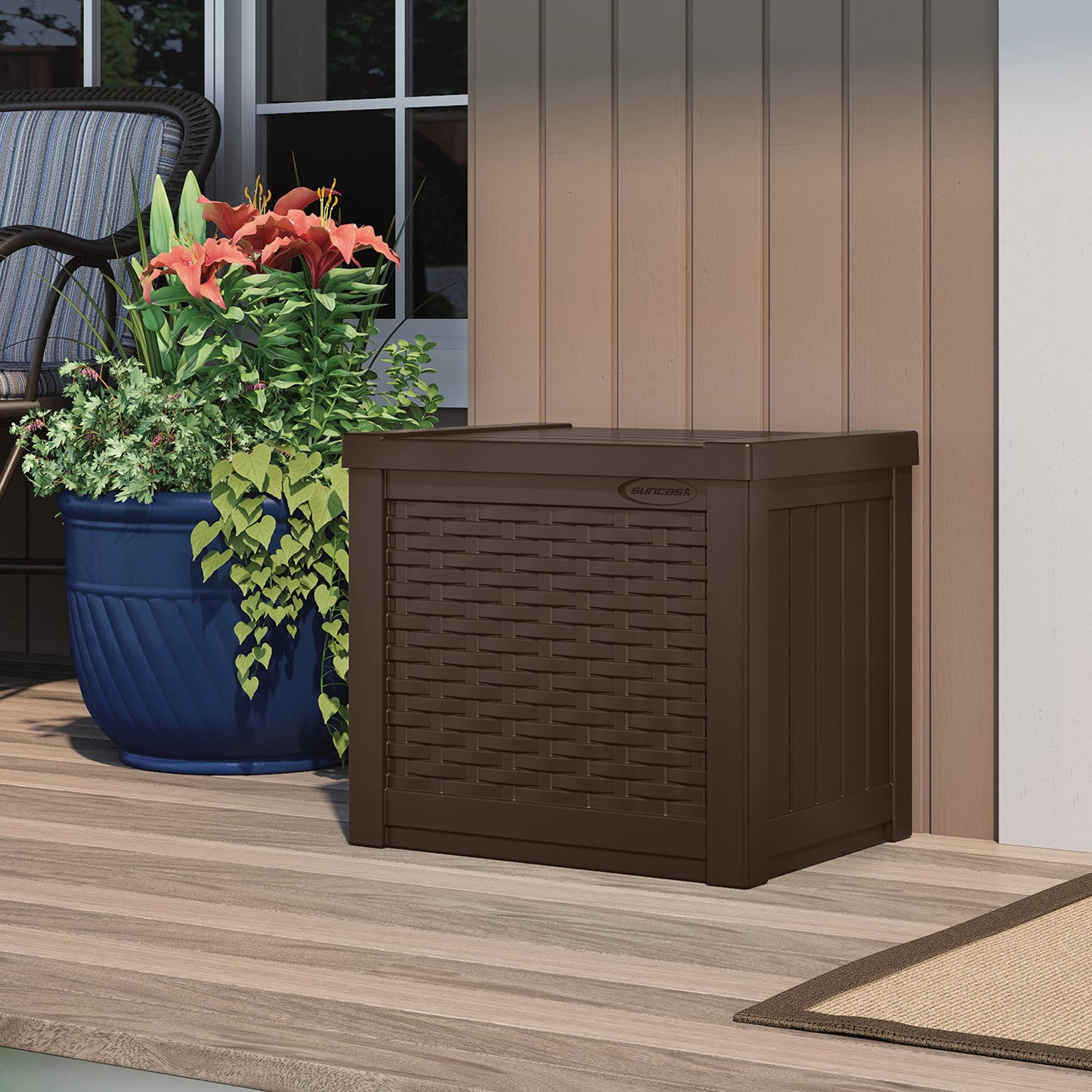 Suncast Small Outdoor Storage Box - 22 Gallon Java Resin Outdoor Deck Box, Flat-Lid Bench Seating, Patio Storage Bin Container for Organizing Tools, Cushions for Porch, Deck, Pool, & Garden