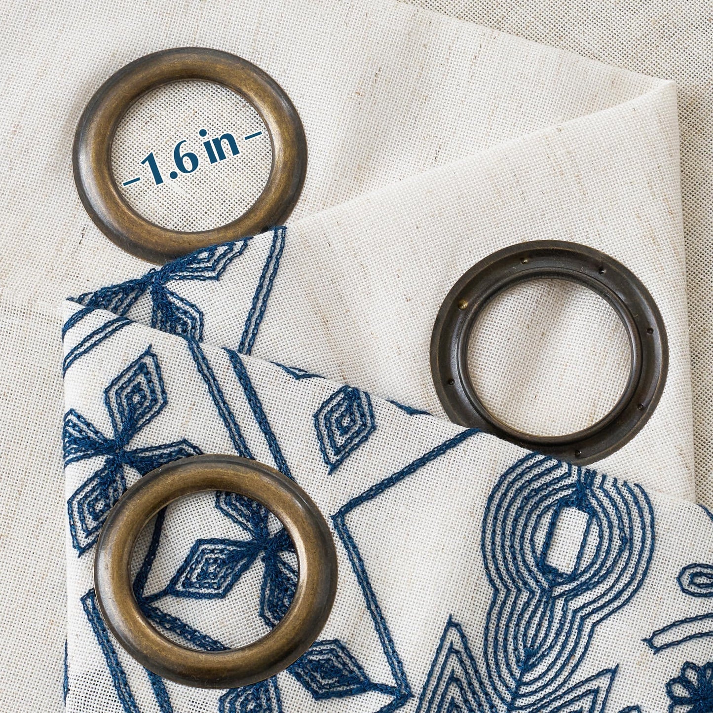 NICETOWN Boho Curtains with Navy Blue Trim 84" Long 2 Panels, Embroidered Cream Linen Textured Geometric Drapes with Antique Bronze Grommets, Light Filtering Window Treatment for Living Room & Nursery