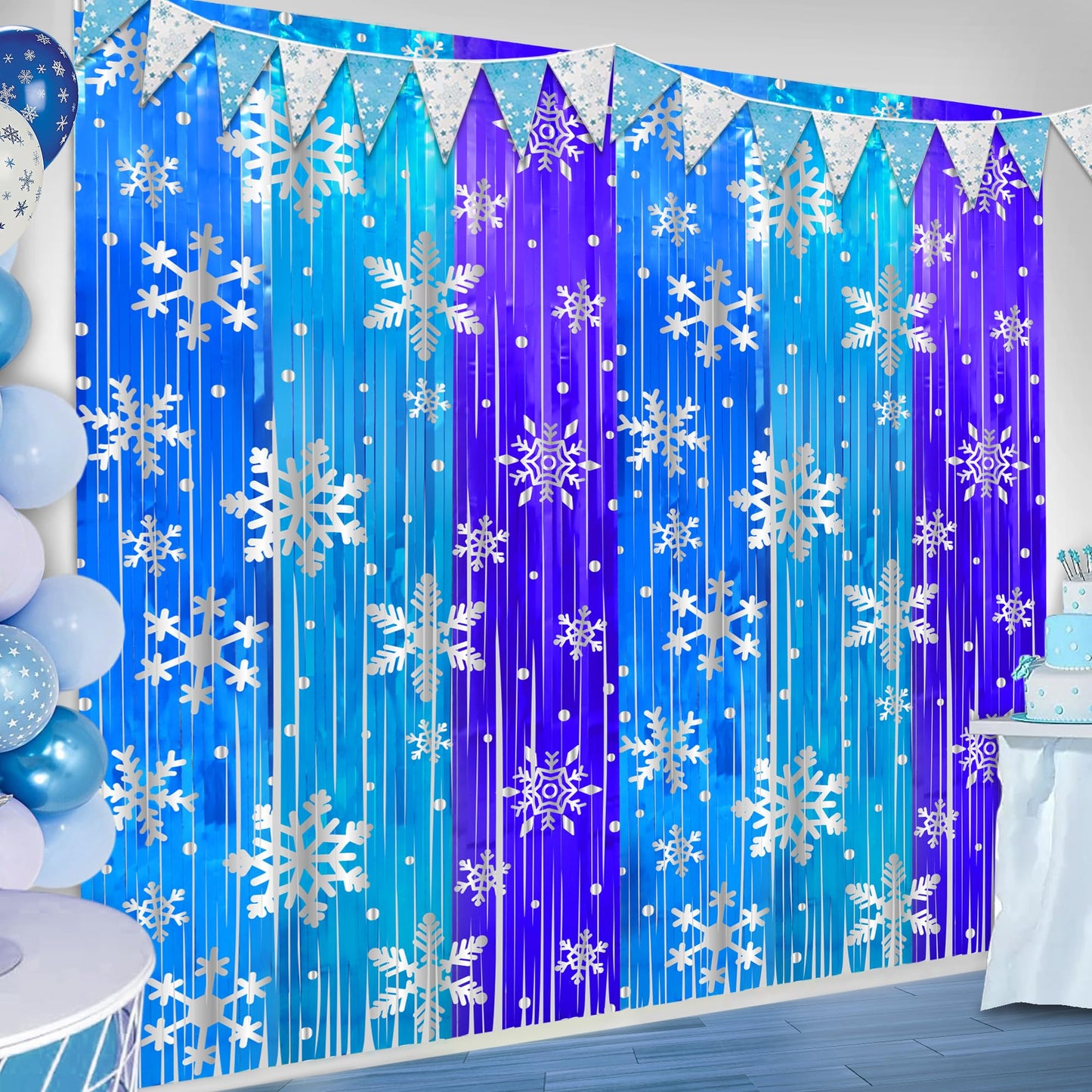 3 Pack Birthday Party Decorations Snowflake Tinsel Foil Fringe Curtains for Kids Frozen Birthday Backdrop Winter Christmas Holidays Photo Booth Prop Backdrop Streamer 3.3x6.6ft