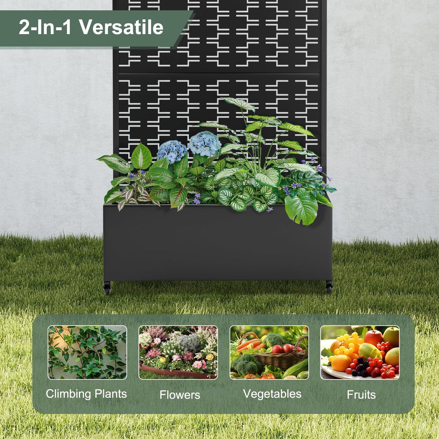 PolarcoForgeco Planter Box with Trellis and Wheels, Metal Privacy Screen with Garden Beds Outdoor for Climbing Plants, Standing Planter Boxes with Drainage Holes (35" L×16" W×71" H, Black Rectangle)