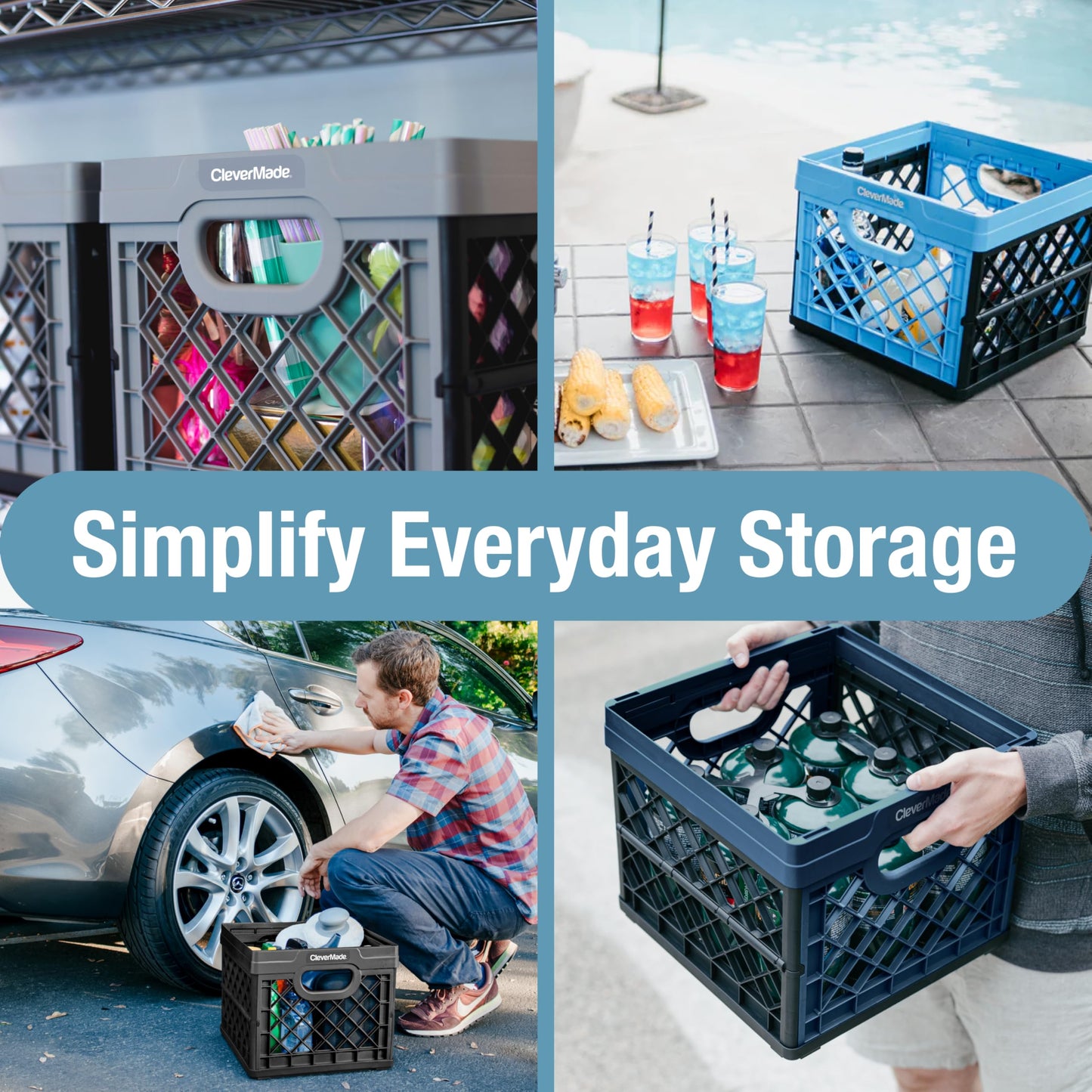 CleverMade Collapsible Milk Crate 25L (6.6 Gal) 3 Pack, 50 lb Capacity Heavy Duty Folding Crate – Stackable Storage Crates with File Rails, Plastic Collapsible Crates - Ocean