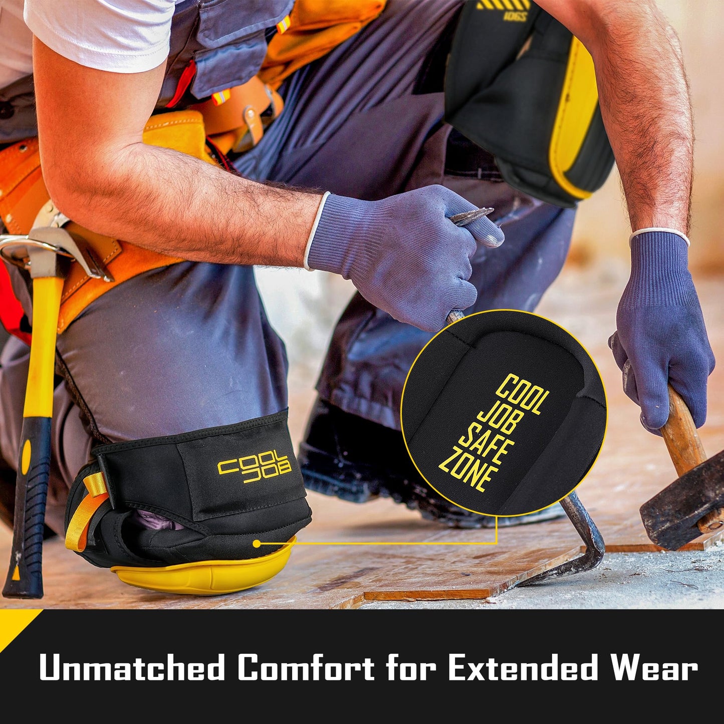 COOLJOB Professional Knee Pads with Heavy Duty Anti-Slip Cap, Comfortable Foam Cushion and Extra Thick Gel Padding for Construction Flooring, Reinforced & Adjustable Straps, Yellow