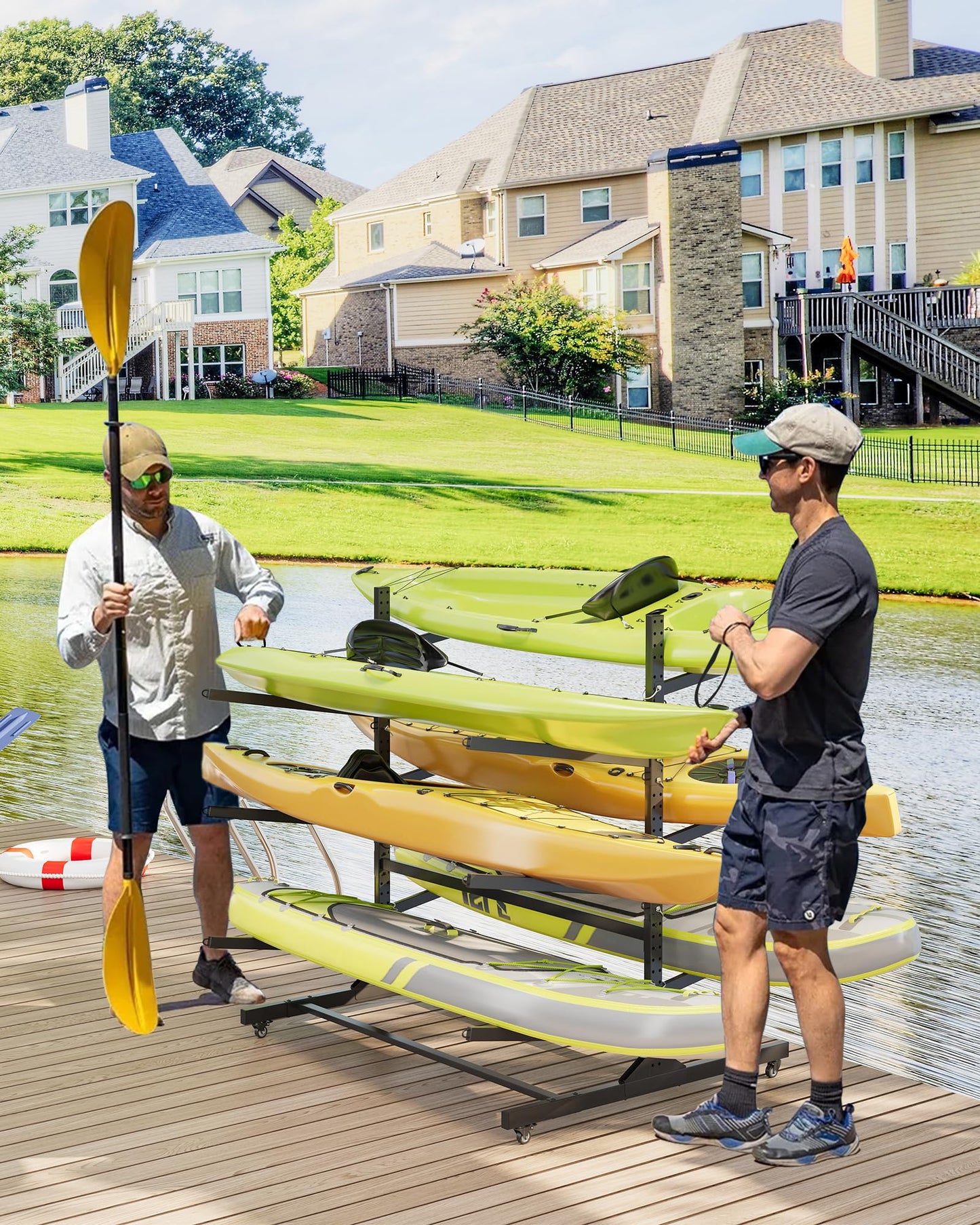GarveeLife Kayak Storage Rack for 6 Kayaks Freestanding Kayak Rack for Outdoor Storage with Movable Wheels, Heavy-Duty Steel Kayak Hanger Holder with Hanging Straps