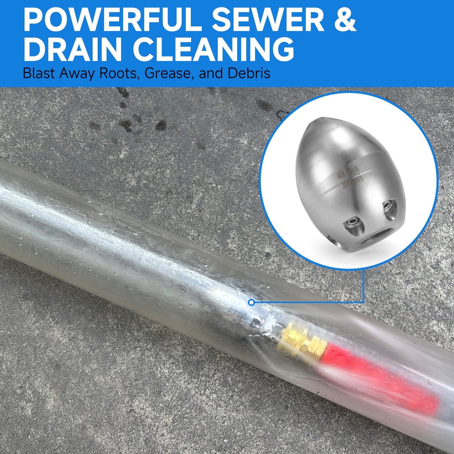 Tool Daily 3/8” NPT Sewer Jetter Nozzle for Pressure Washer, Stainless Steel Sewer Jet Nozzle for Drain Cleaning, 40 L/Min, 3000 PSI