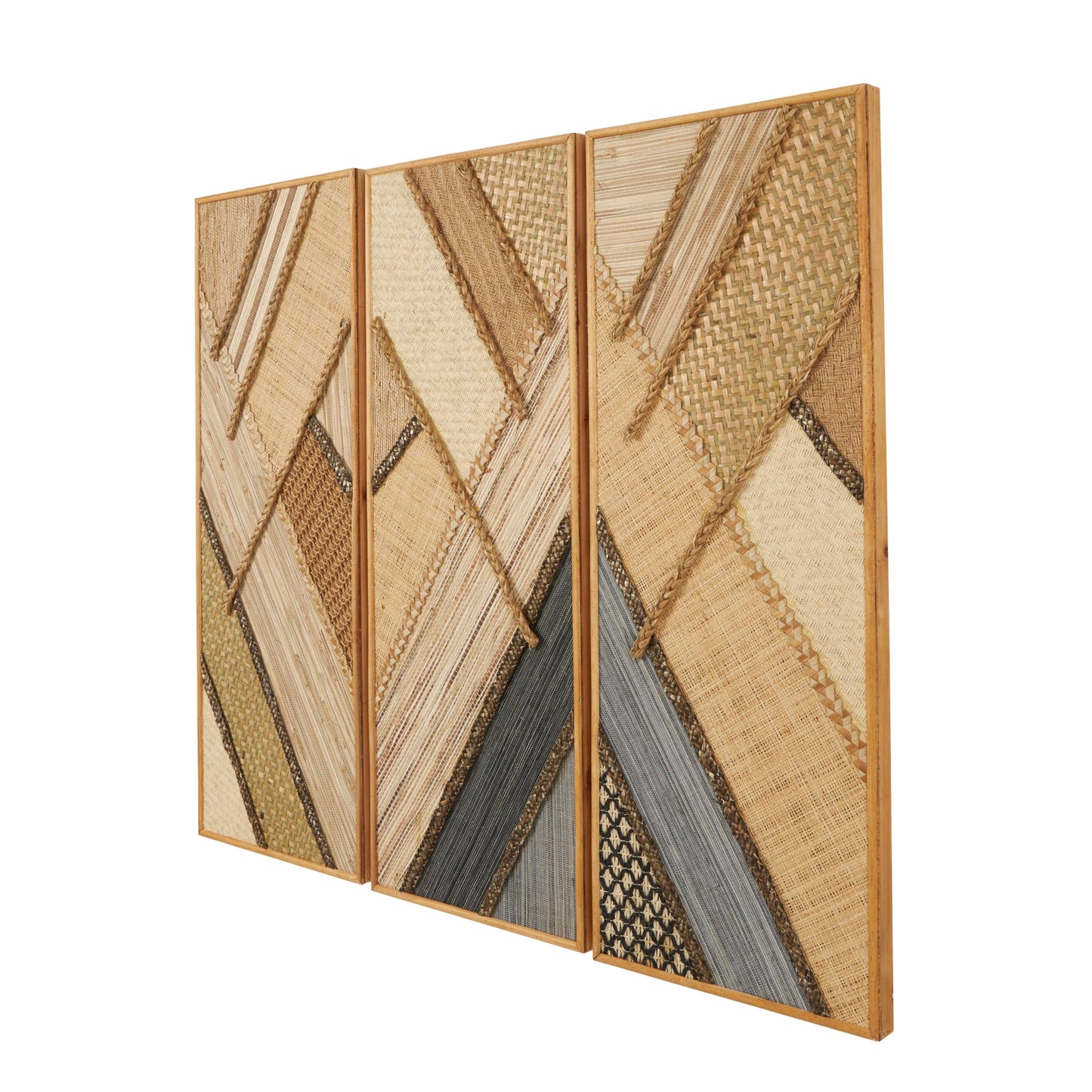 Deco 79 Wooden Geometric Handmade Home Wall Decor Textured Mixed Media Diagonal Wall Sculpture, Set of 3 Wall Art 12" W, 32" H, Brown
