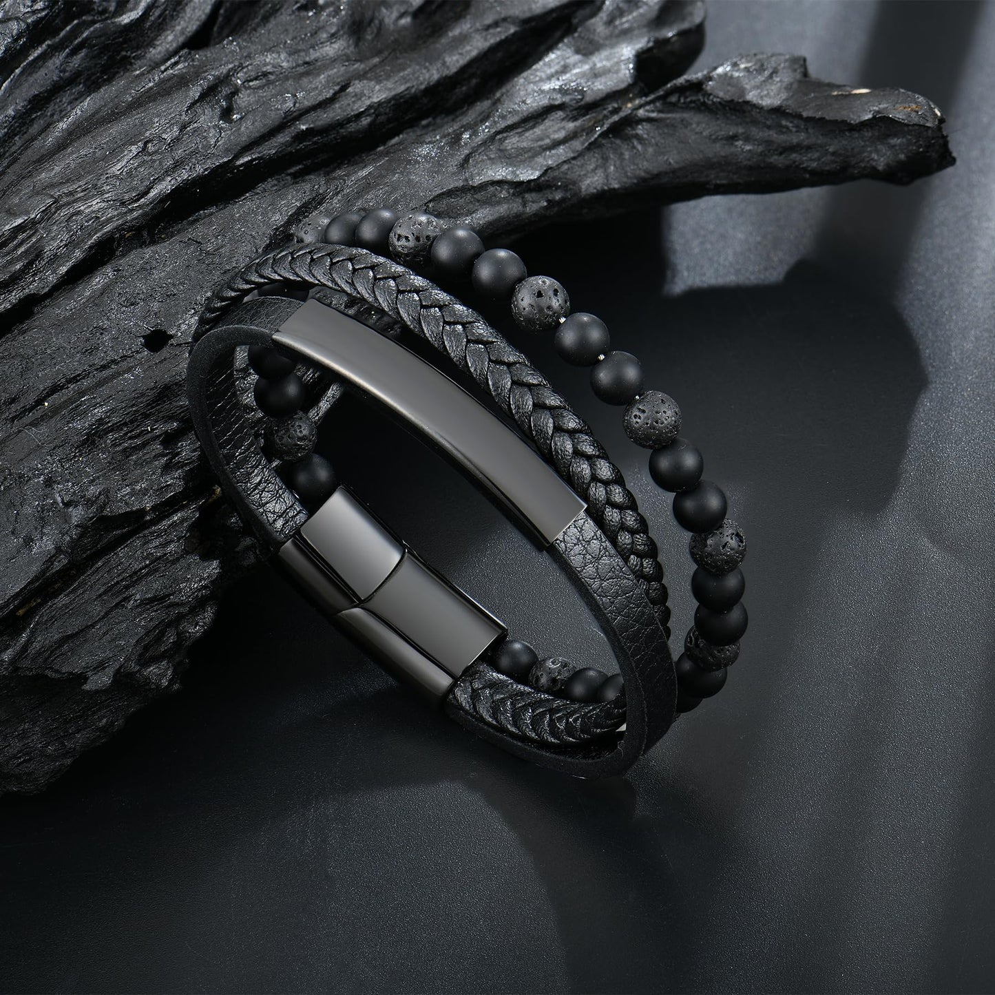 Raymard Mens Tiger Eye Matee Black Onyx Lava Rock Volcanic Stone Beaded Bracelet, Black Braided Leather Bracelet for Men-Matee Black Onyx&Lava Rock