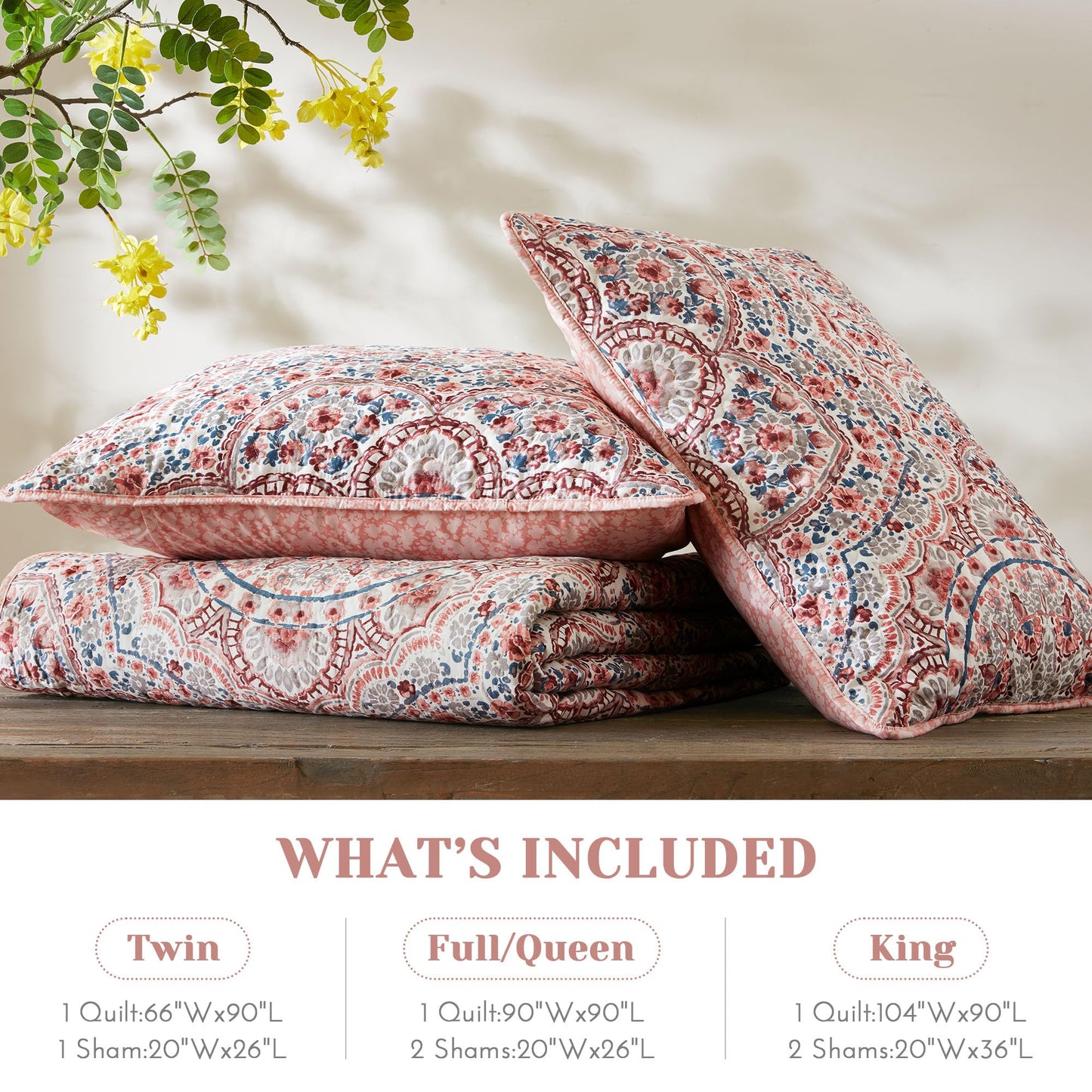 Comfort Spaces Valerie Boho Quilt Set Twin/Twin XL Pink - Soft Reversible Watercolor Medallion Bedding, Lightweight All Season Bedspread for Kids Teens Dorm Guest Room