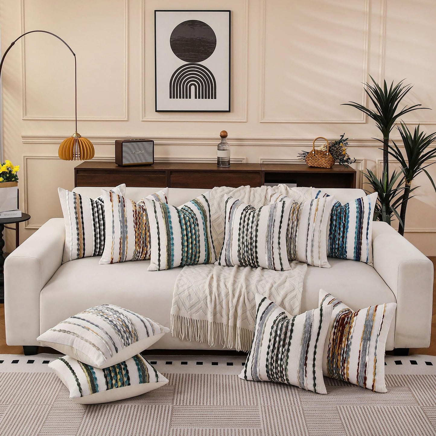 KOOLIFE Boho Striped Throw Pillow Covers 18x18 Inch Set of 2 Farmhouse Square Decorative Pillow Covers Chenille Tufted Accent Neutral Pillowcase Green Cushion Cover for Living Room Couch Sofa Bed