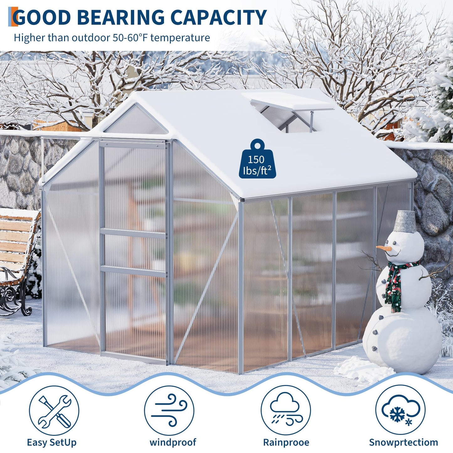 GAOMON Greenhouses, Large Walk in Greenhouses for Outdoors and Garden Planting, Polycarbonate Greenhouse with Enhanced Aluminum Frame, Adjustable Roof Vent ＆ Sliding Door for Winter Use(White, 6*8FT)