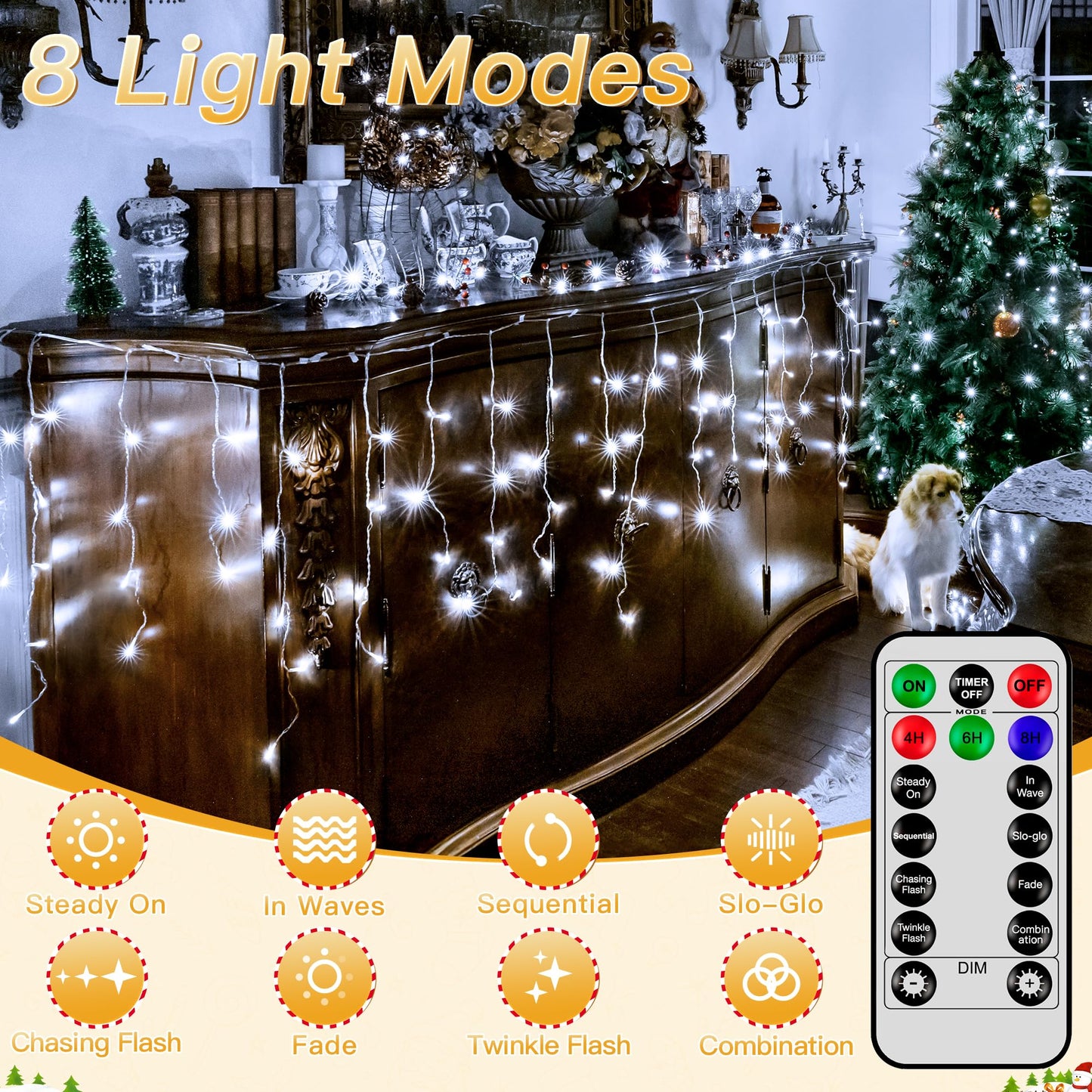 Icicle Lights for Outside, 216LED 24FT Waterproof Christmas Light Outdoor with 8 Modes & Timer, Connectable Christmas Icicle Lights for Eaves House Yard Indoor Outdoor Holiday Decoration(Cool White)