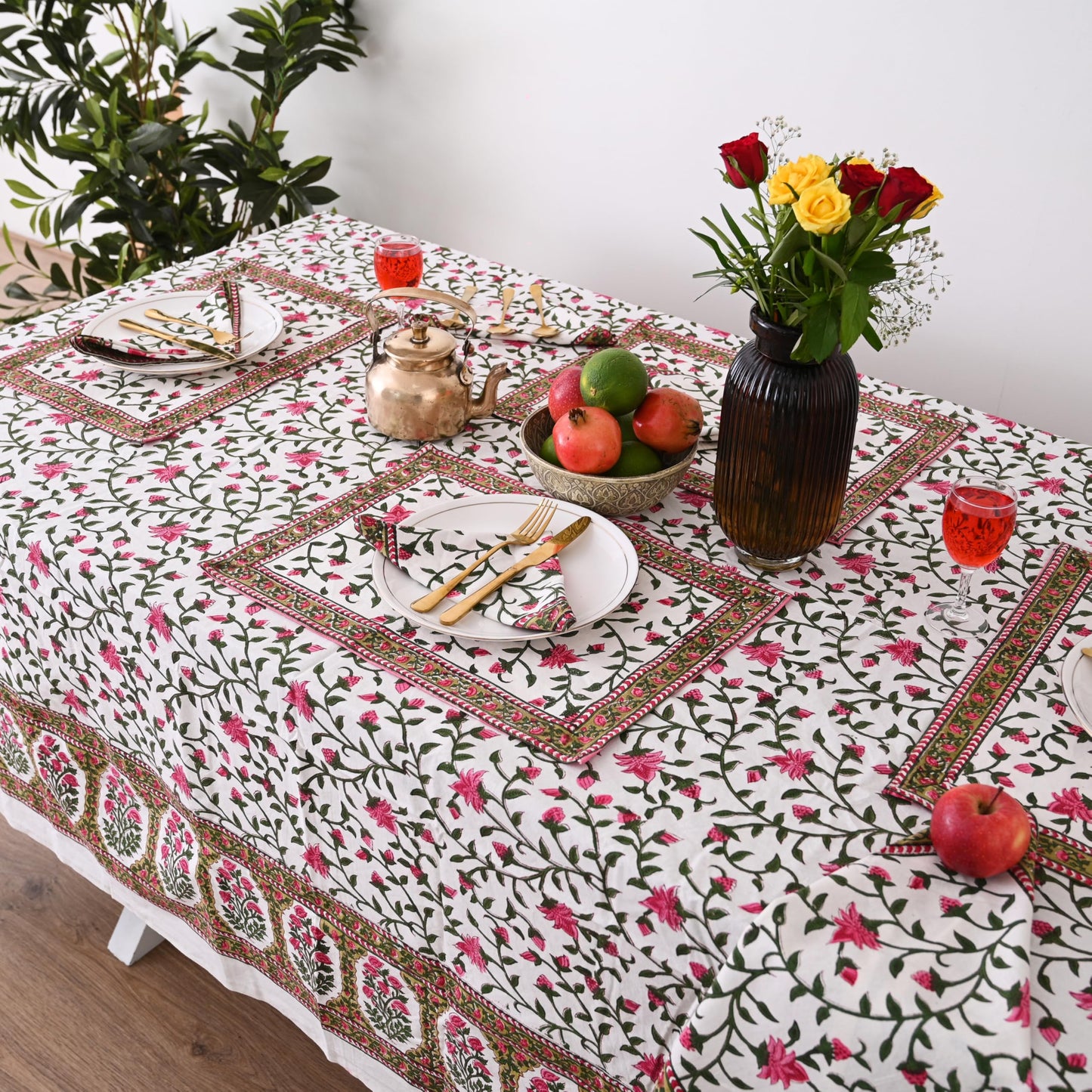 DecorAvenue Hand Block Printed Cotton Tablecloth Elegant Floral Design Soft & Durable Perfect for Dining Table Kitchen Parties Home Decor (Rosy Elegance, 6 Seater 60 x 90 Inches Rectangle)