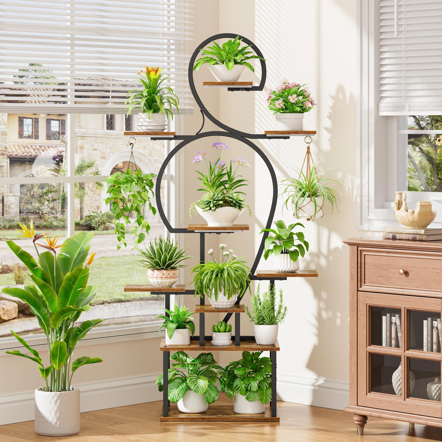 POZILAN Plant Stand Indoor with Grow Lights, 63'' Tall Indoor Plant Shelf, 9 Tiered Lighted Plant Stands for Living Room, Metal & Wood Corner Large Flower Holder for Alcony, Patio & Home, Black