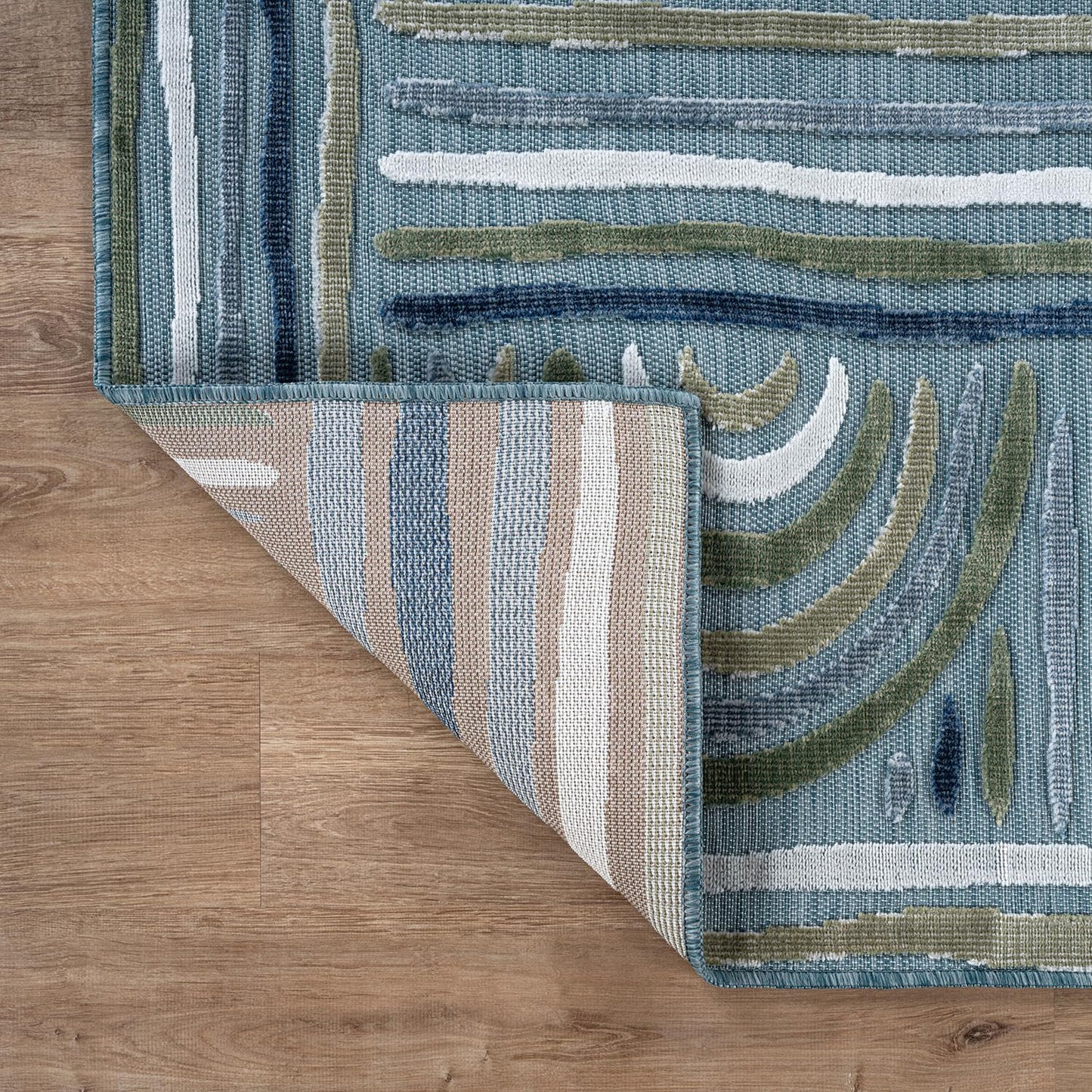 CAMILSON Indoor Outdoor Rug, Aqua 8x10 Geometric Arch Striped Area Rugs for Patio and Home Areas, Easy-Cleaning Non-Shedding Living Room, Garden and Deck Washable Outside Carpet (8 x 10)