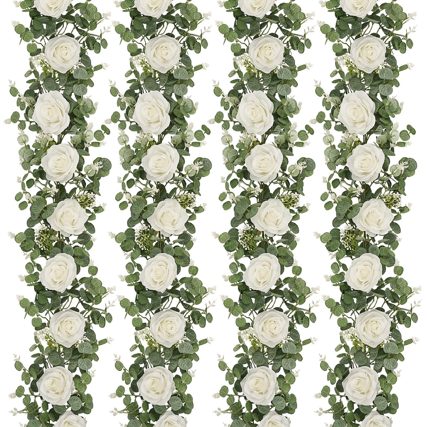 Dolicer 4Pcs 26Ft Artificial Eucalyptus Garlands with Flowers - 8 Roses, Faux Floral Greenery Garlands Fake Flowers Vines for Wedding Table Centerpieces Arch Party Ceremony Backdrop Decor (White)