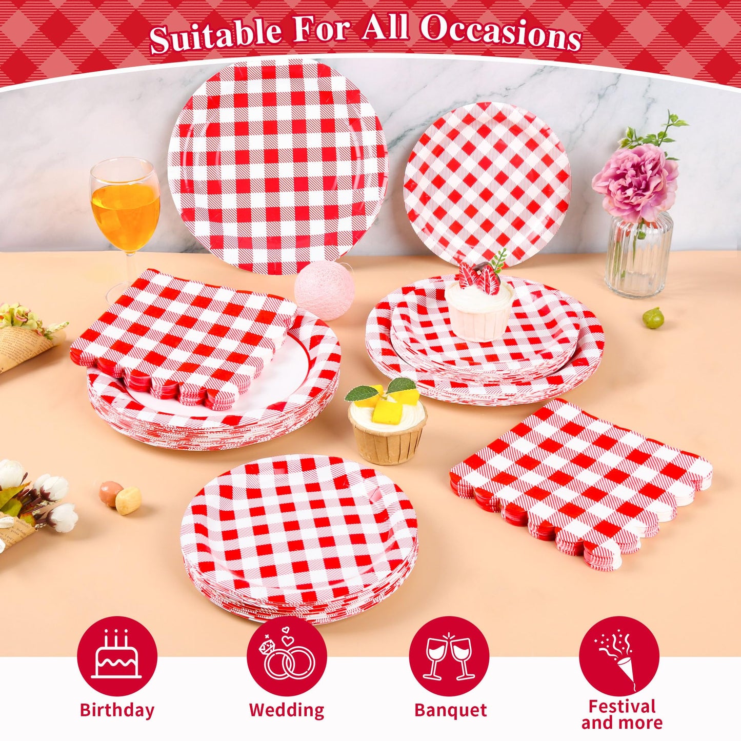 200Pcs Christmas Red Gingham Party Supplies Red Gingham Paper Plates and Napkins Cups Plaid Party Plates Disposable Reds and White Checkered Plates for Christmas Birthday Family Picnic，Serves 50