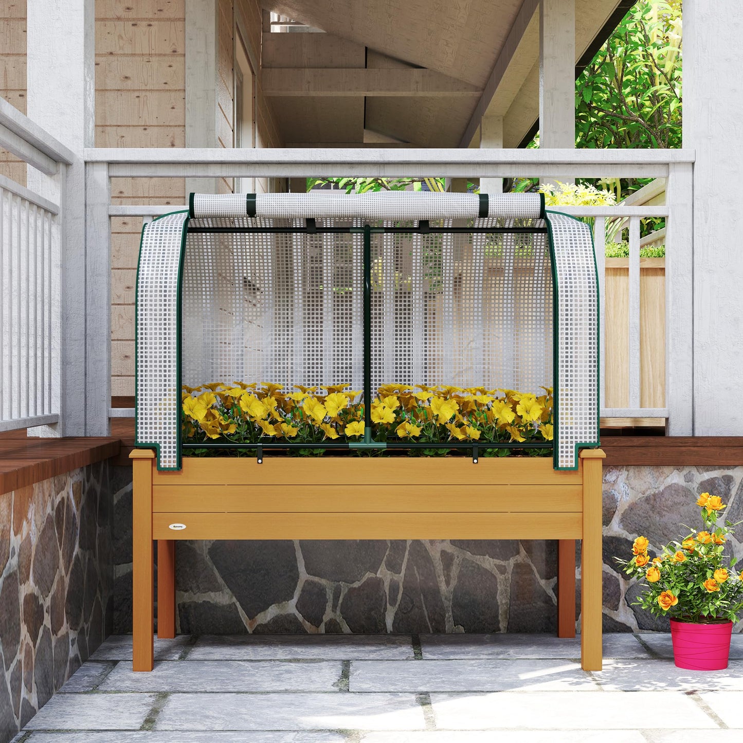 Outsunny Raised Garden Bed with PE Greenhouse Cover Outdoor Elevated Wood Planter Box for Herbs and Vegetables, Use for Patio, Backyard, Balcony, 48 x 22 x 46 inch, Sand