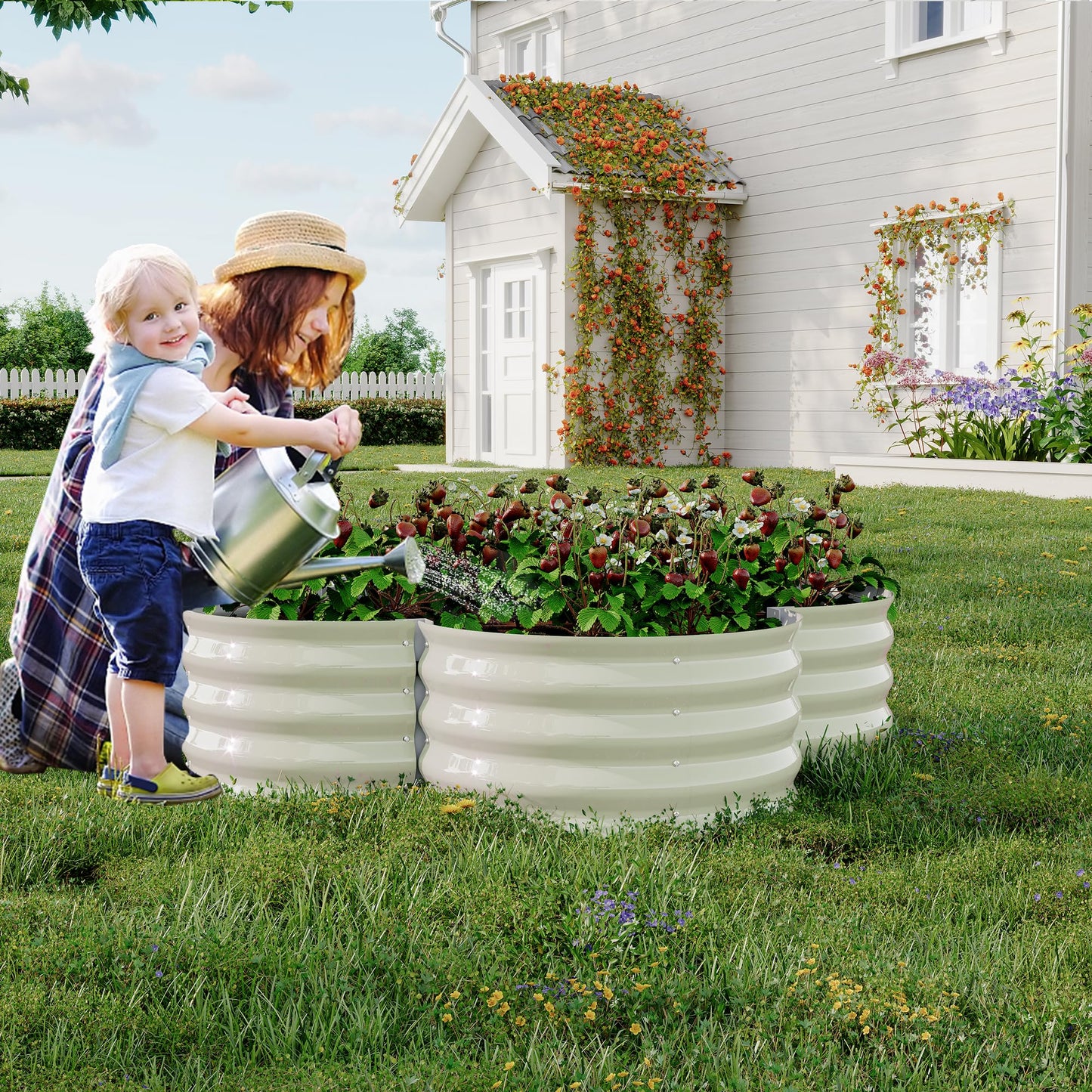 2 Pack Galvanized Raised Garden Bed – 4x4x1 ft Raised Beds-Coated Metal Planter Box with Floral Edge, Easy Assembly Rust-Resistant Outdoor/Indoor Garden Box for Vegetables, Flowers, Herbs, White