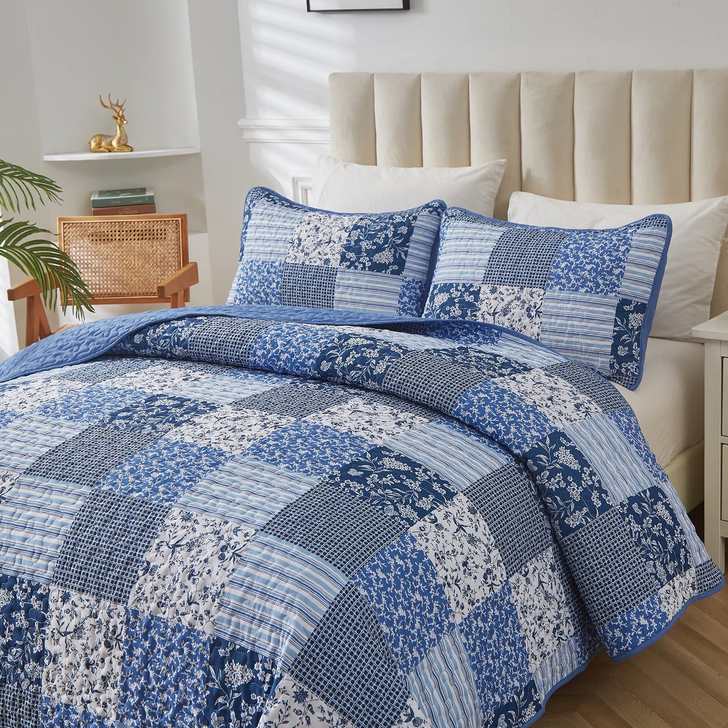 Mybedsoul Blue Boho Quilt Set Queen Size,3 Pieces Plaid Floral Bedspread Coverlet Set for All Season,Patchwork Reversible Bedding Set Queen 90"x96"