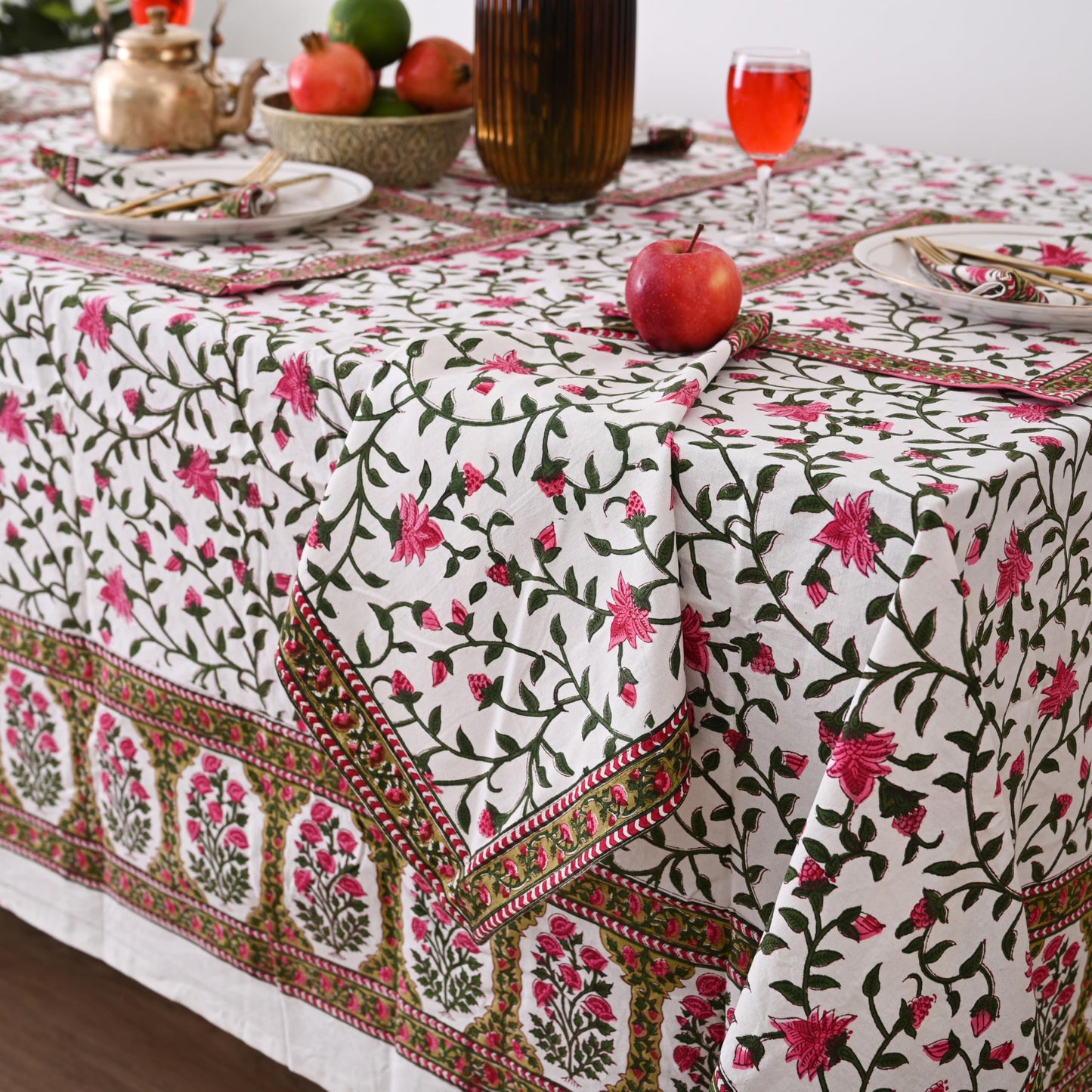 DecorAvenue Hand Block Printed Cotton Tablecloth Elegant Floral Design Soft & Durable Perfect for Dining Table Kitchen Parties Home Decor (Rosy Elegance, 6 Seater 60 x 90 Inches Rectangle)