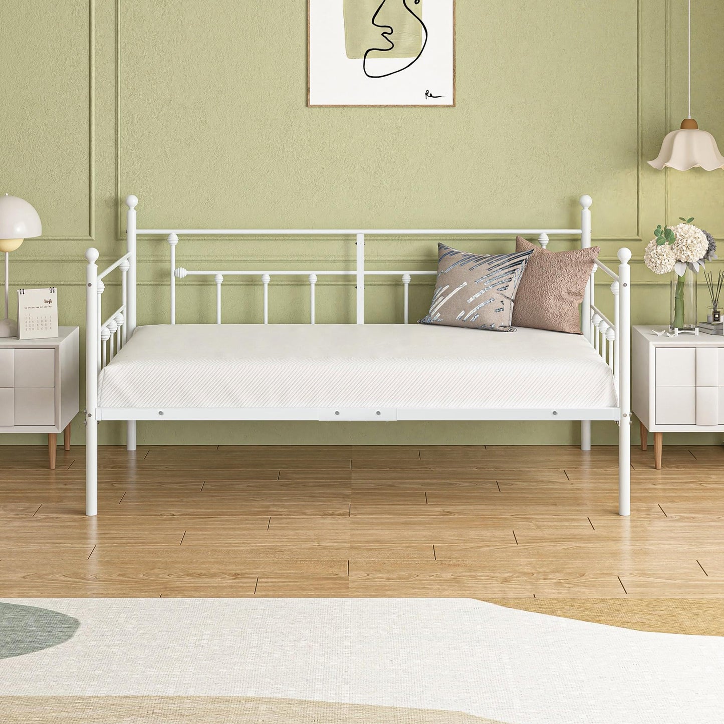 VECELO Daybed Frame,Twin Size Metal Platform Sofa Bed with Headboard，Heavy Duty Steel Slats Support for Living Room, Guest Room, Easy Assembly, White
