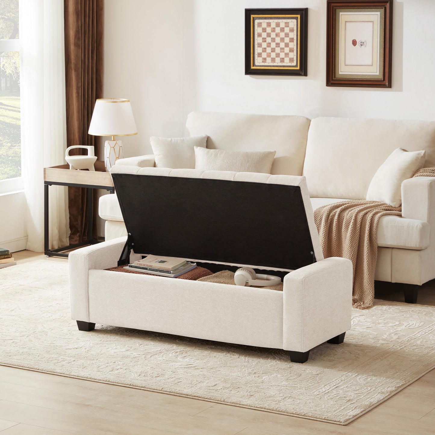 Huatean Home 48" Ottoman with Storage, Storage Ottoman Bench with Safety Hinge, Upholstered Entryway Bench with Seating for Bedroom, Living Room, Holds up to 330 lb, Beige