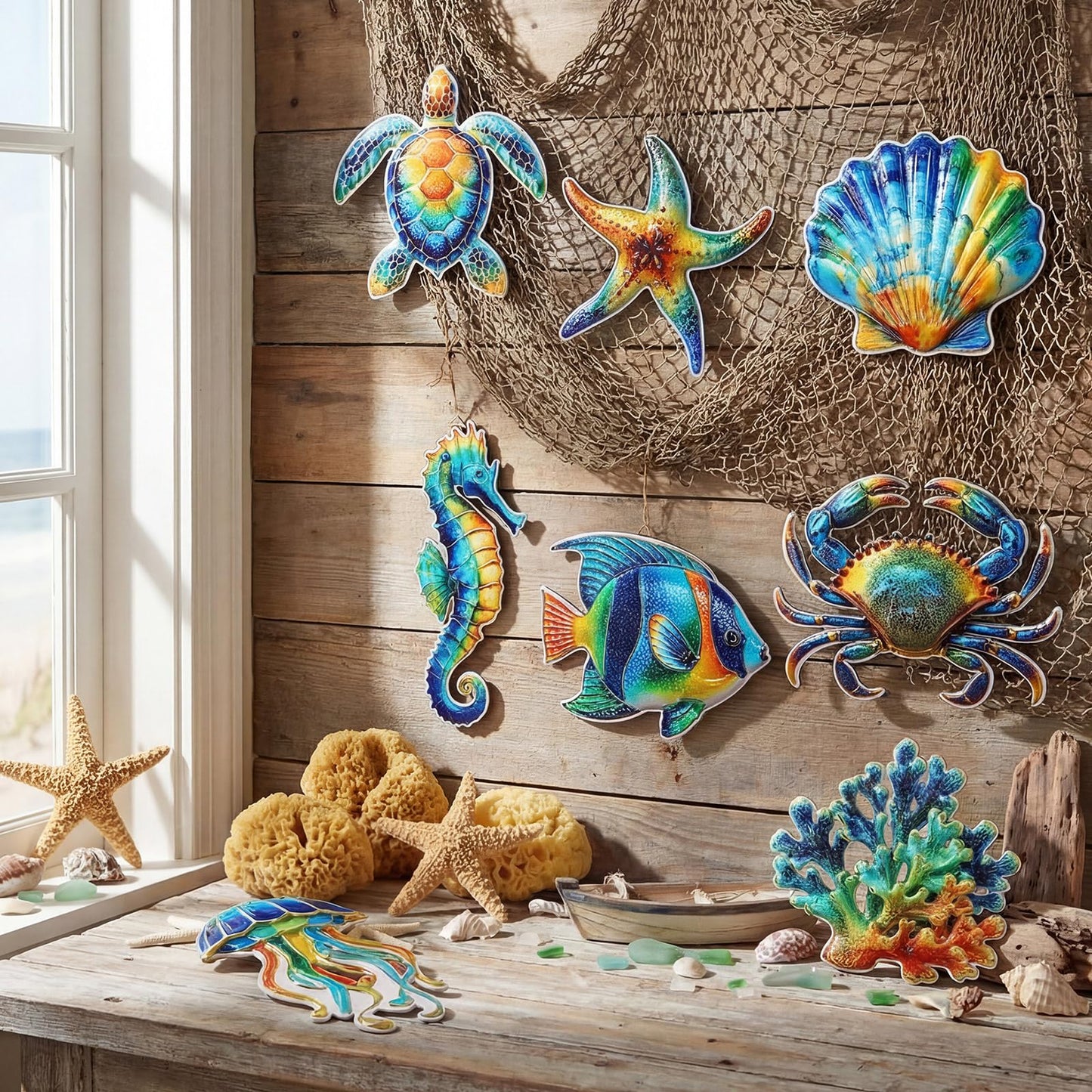 AceOrbit 8 Pcs Large Wooden Coastal Ocean Wall Art Rustic Ocean Theme Wall Decor Wooden Fish Turtle Crab Seahorse Starfish Jellyfish Seashells Coral Decoration with Hooks for Sea Beach Nautical Party