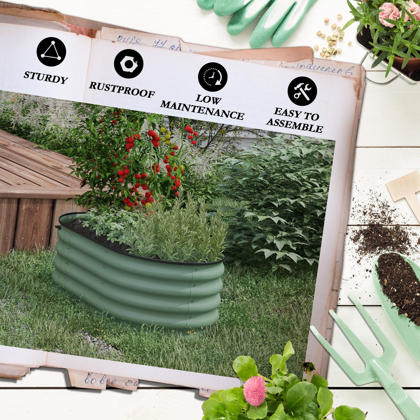 3.5' x 2' x 1.4' Galvanized Raised Garden Bed Kit, Outdoor Metal Elevated Planter Box with Safety Edging, Easy DIY Stock Tank for Growing Flowers, Herbs Vegetables, Green