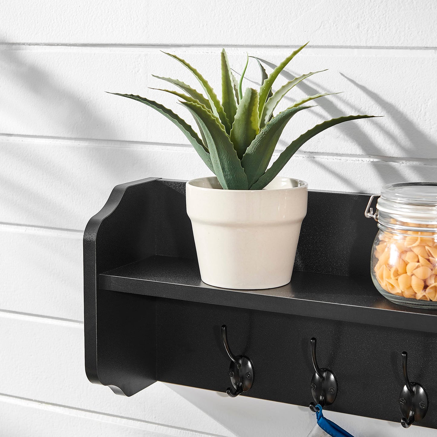Danya B. Entryway Floating Utility Wall Shelf with Hooks – Wall Mounted (Black)