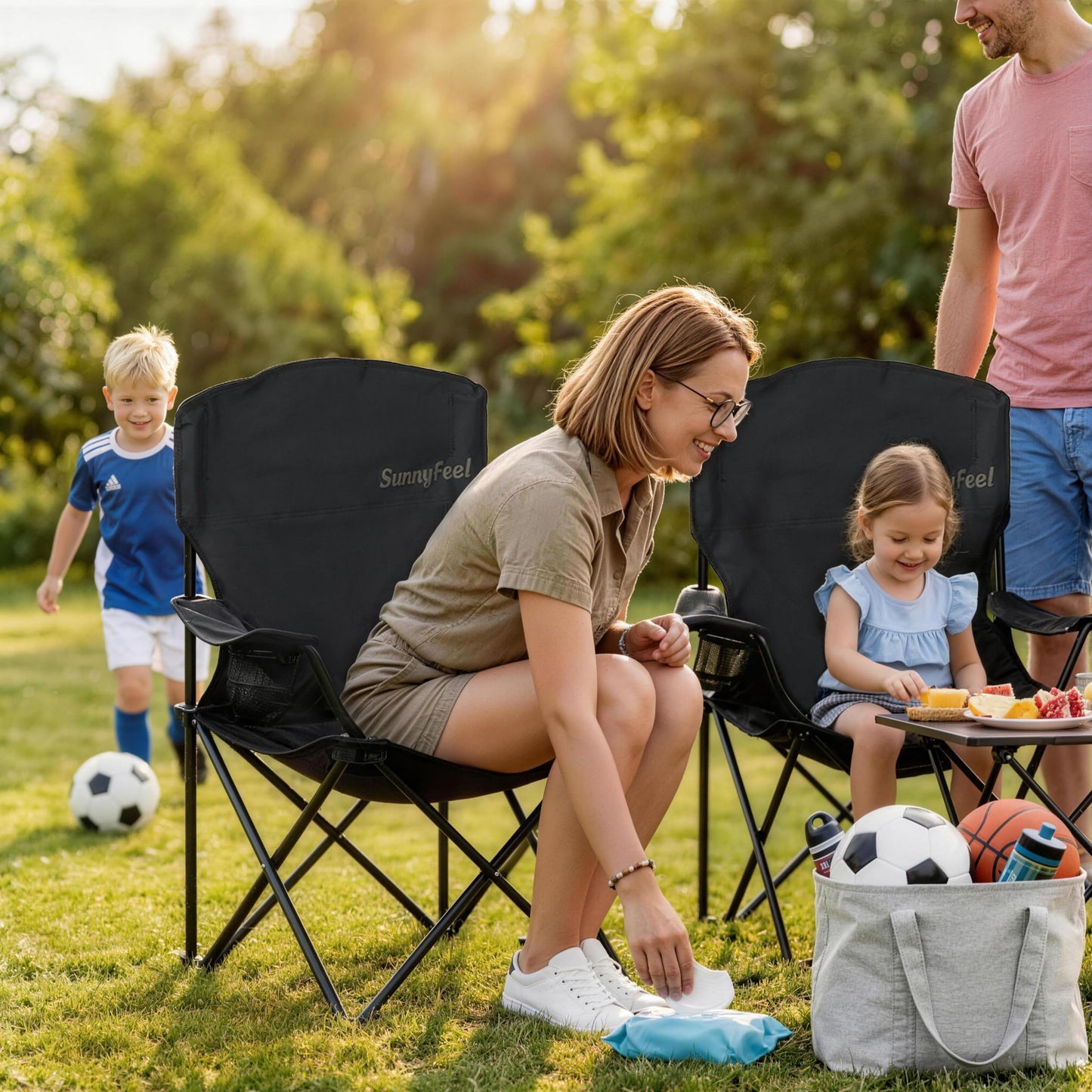 SUNNYFEEL Portable Camping Chair with Side Pockets & Cup Holder 500LBS Capacity Padded Portable Outdoor Chair, Carry Bag Included, Great for Camping, Tailgating, Firepits, Patio, & More Black