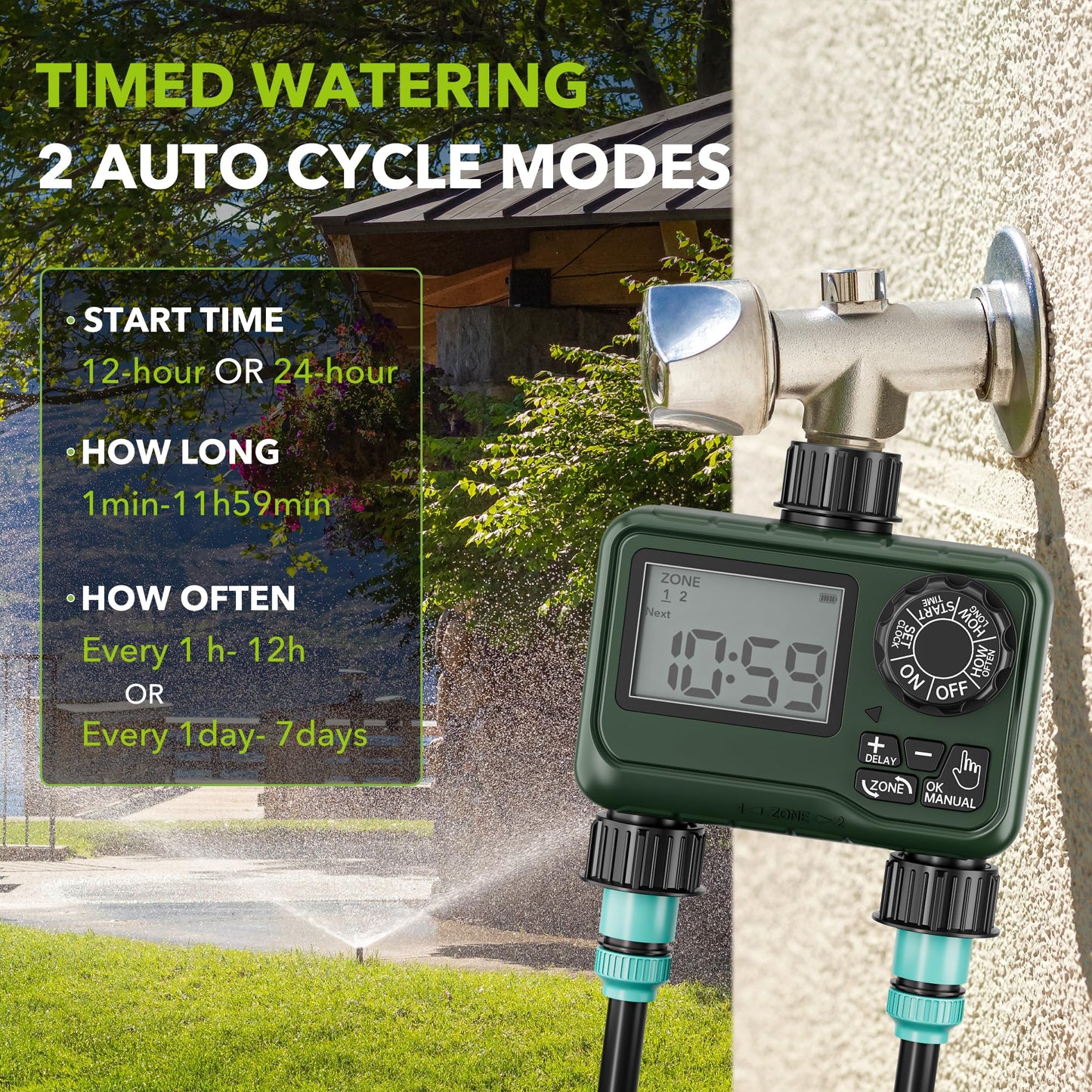 BN-LINK Sprinkler Timer Outdoor - 2 Zone Programmable Water Timer with Rain Delay, Automatic Irrigation System for Lawns & Garden Hoses - Waterproof Manual Controller with Large LCD Display
