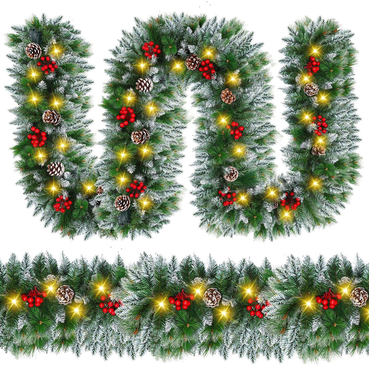 Christmas Garland with Lights - 9FT Pre-Lit Flocked Garland with 30 LED Bulbs, Red Berries, Pine Cones, Artificial Pine Battery Operated Garland for Fireplace, Staircase, Indoor & Outdoor Decoration