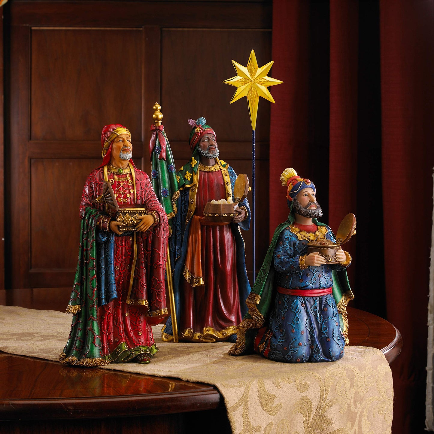Three Kings Gifts Deluxe Edition Nativity Scene Set & Figures, 16-Pieces, 7 Inch Scale Collection with Real 23K Gold, Frankincense and Myrrh, Lighted Stable