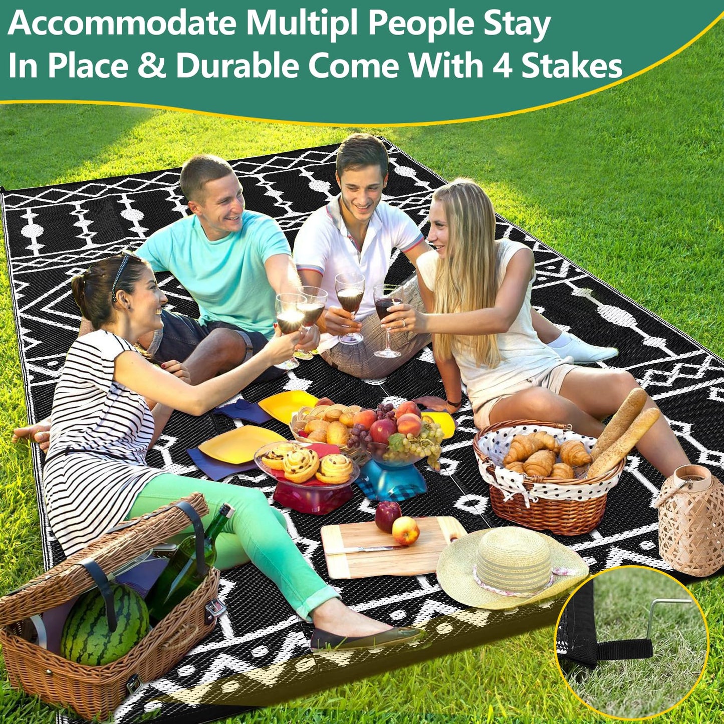 Acekool Waterproof Outdoor Rug, 8x10ft Plastic Straw Rug for RV Camping, Large Floor Mat and Rug for Outdoors, Outside Carpet for Rv, Deck, Camper, Picnic, Black