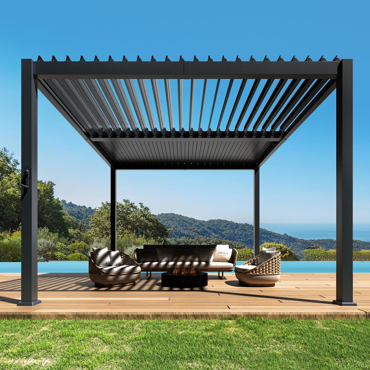 10' x 10' Outdoor Aluminum Louvered Pergola with Adjustable Roof, Upgraded Side Short-Rod Control, Easy Assembly, Modern Hardtop Gazebo for Patio, Deck, Backyard, Garden