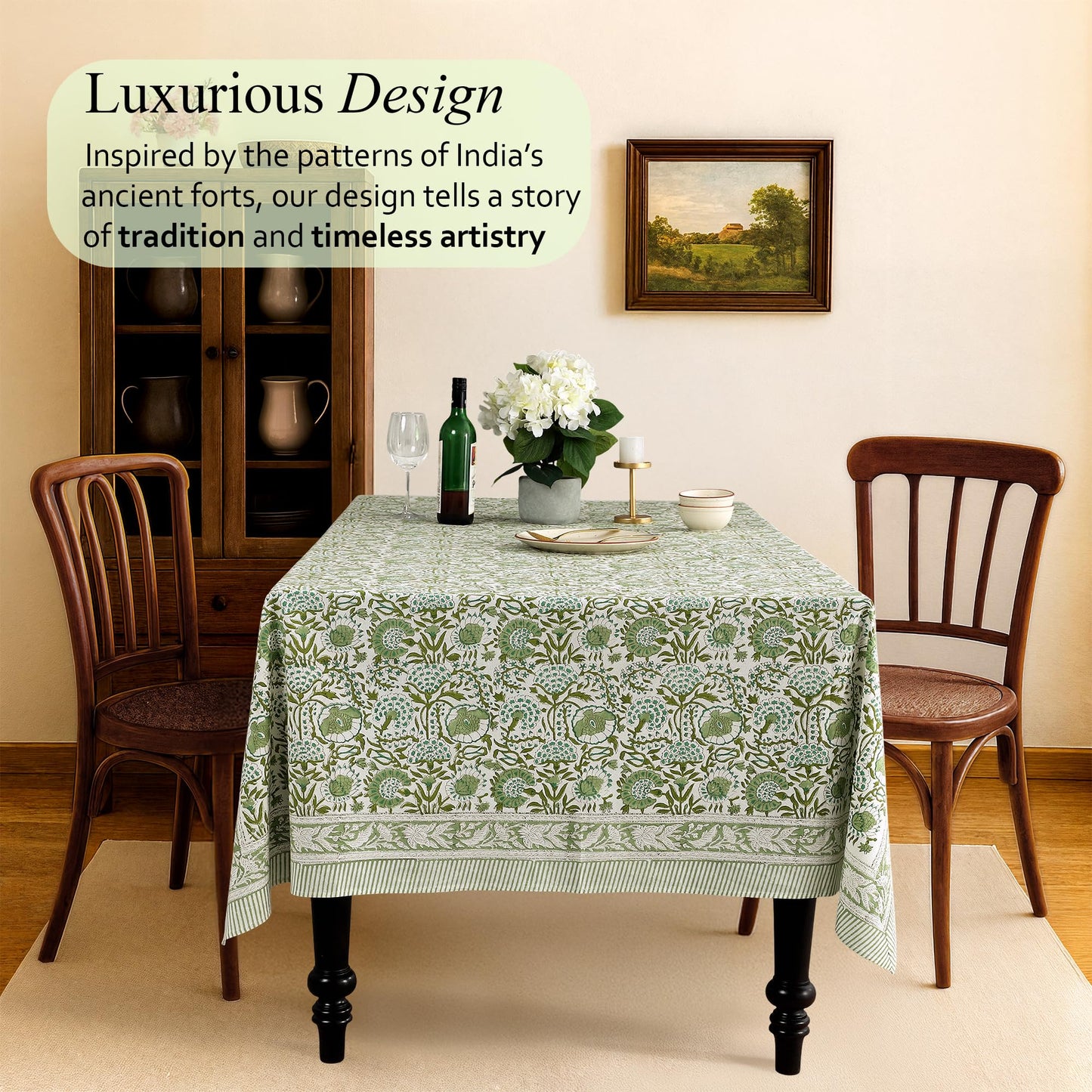 CPC Tablecloth 100% Cotton 60x90 Inch Indian Block Print Rectangle Table Cover, Washable Table Cloth for Weddings, Spring/Summer, Barbeque - Agate Green
