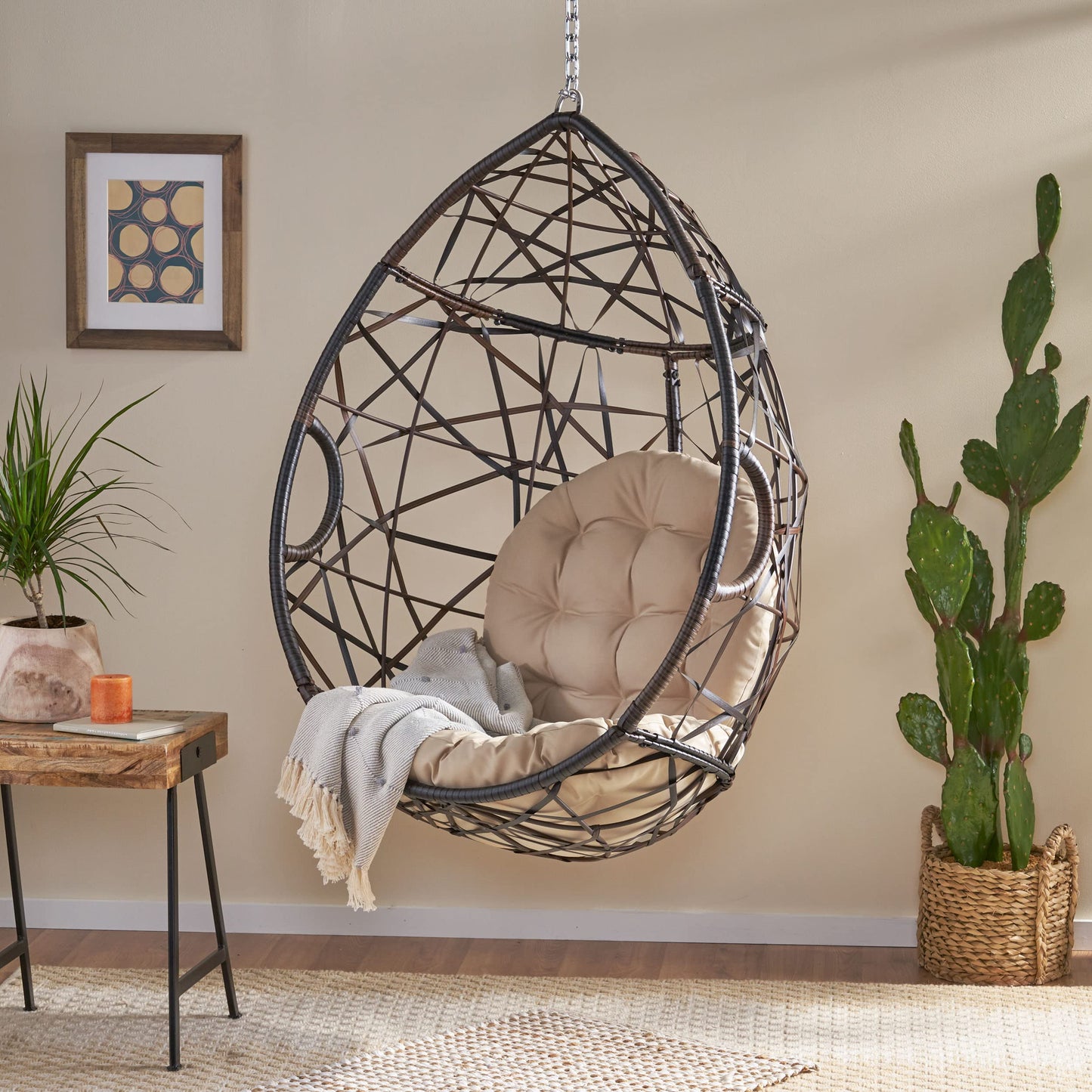 Christopher Knight Home Isaiah Indoor/Outdoor Wicker Tear Drop Hanging Chair (Stand Not Included), Multi-Brown and Tan