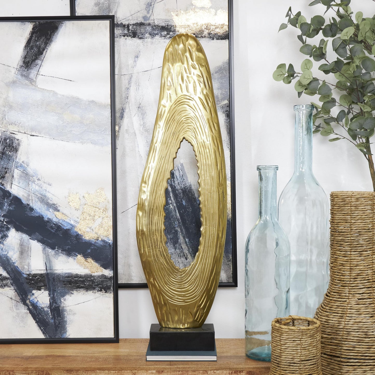 Deco 79 Aluminum Metal Abstract Decorative Sculpture Teardrop Home Decor Statue with Black Base, Accent Figurine 15" x 5" x 50", Gold