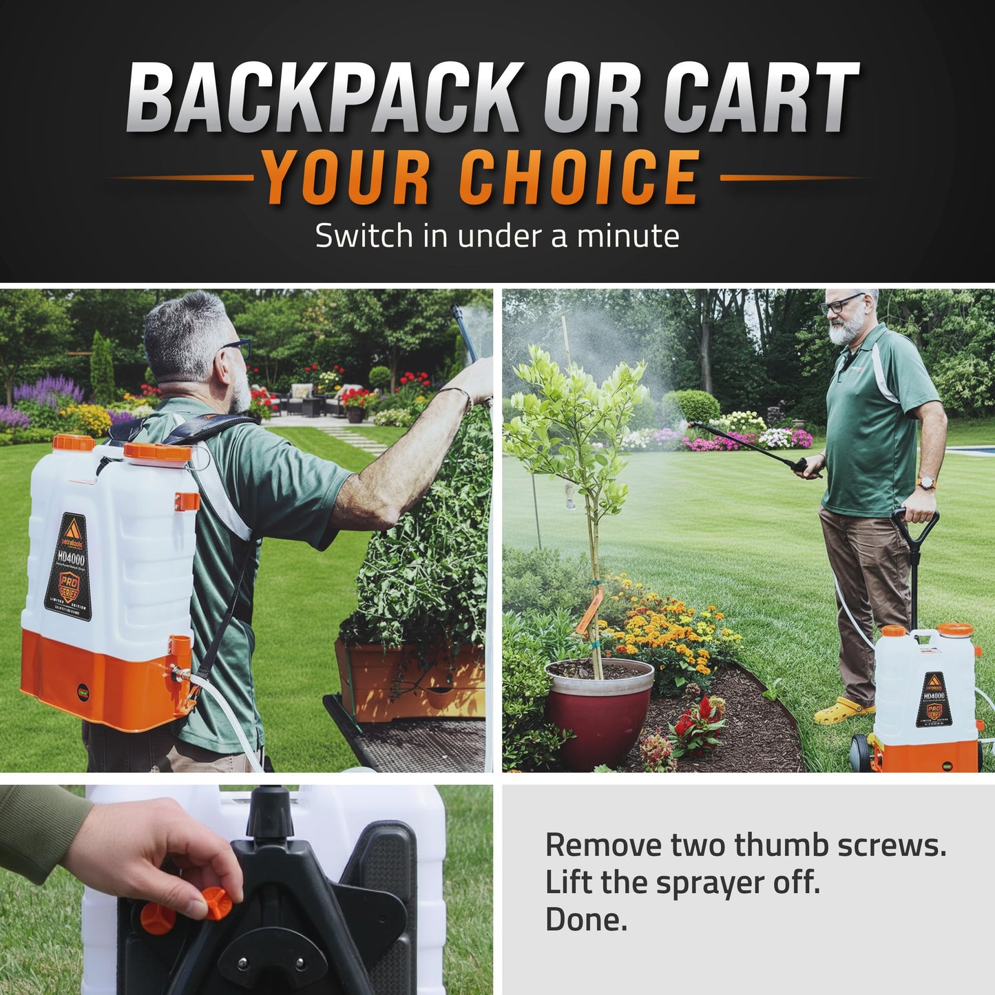 PetraTools Battery Powered Backpack Sprayer 4 Gallon - 8 Hours Long Battery Life & Padded Straps for Comfort - HD4000 Electric Backpack Garden Sprayer with 9 Spray Nozzles (HD4000 ProSeries with Cart)