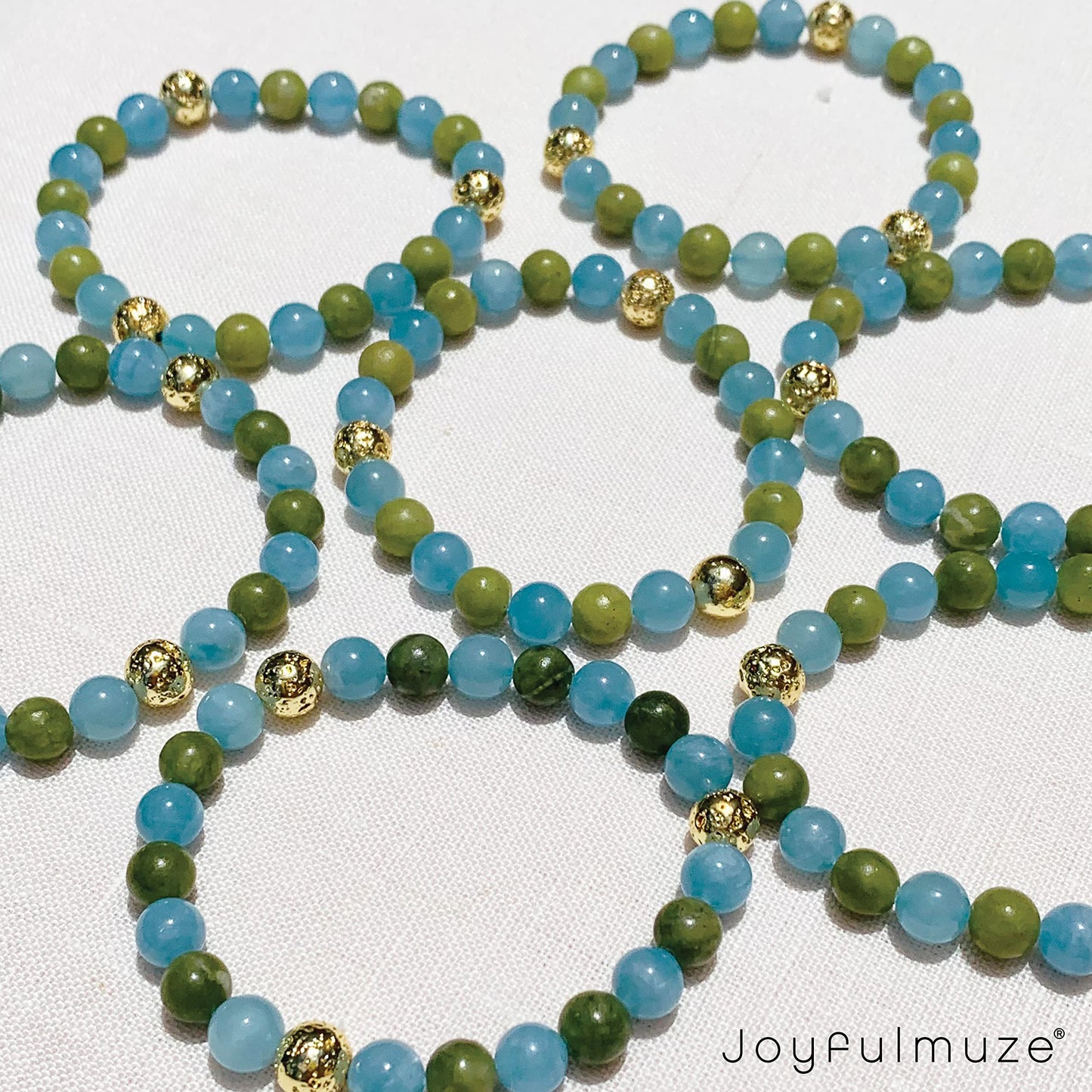 Joyfulmuze Aquamarine Serpentine Stretch Bracelet, Natural Blue and Green Round Gemstone, Handmade Spiritual Jewelry for Women Men, Gold Lava Beads, 17cm length (Aquamarine-Serpentinite-Lava Stone)