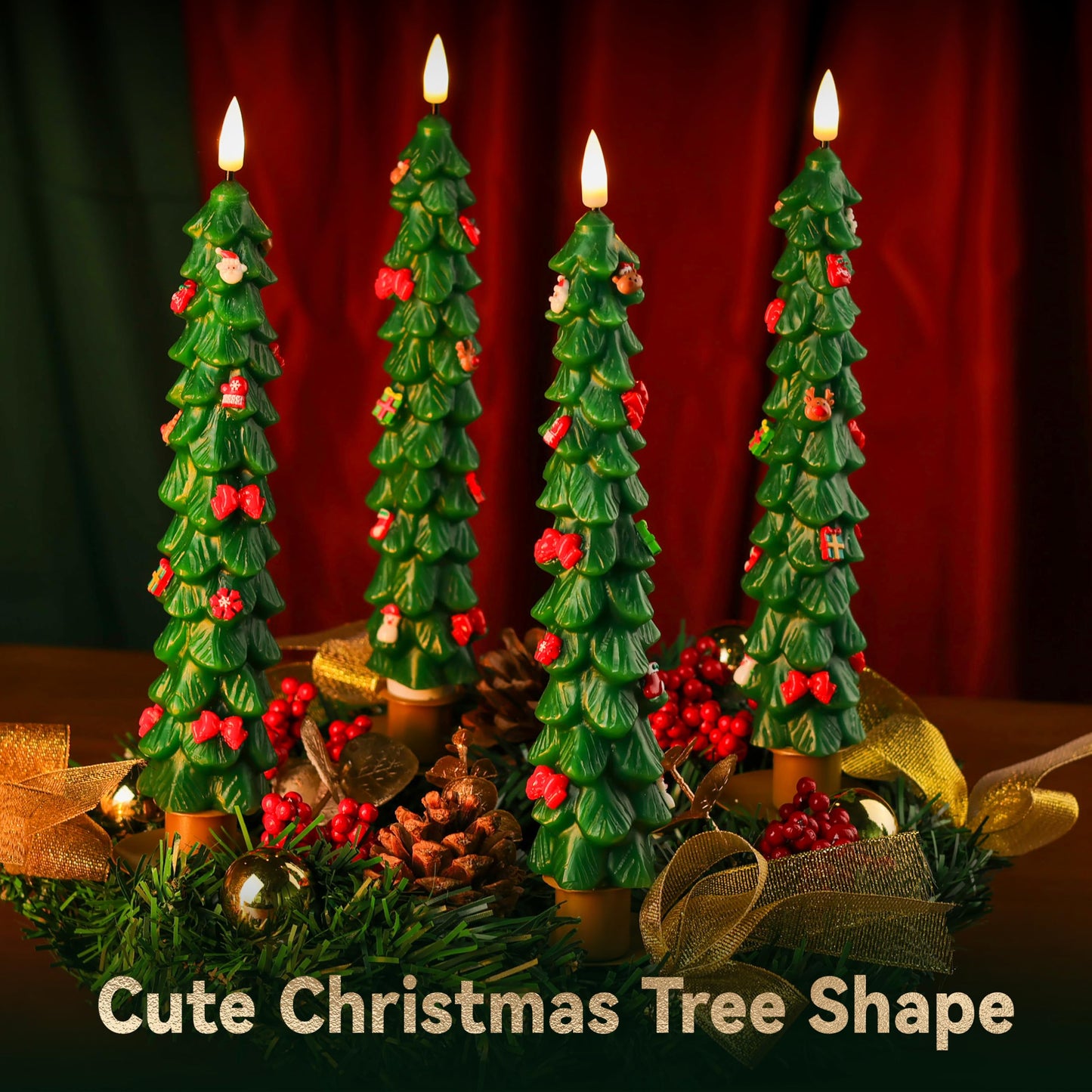 4Pcs Christmas Tree Flameless Taper Candles with Remote and Timer,LED Candles Battery Operated with Mini Ornaments,9.5" Real Wax Window Candlesticks with Flickering 3D Flame for Christmas Decoration