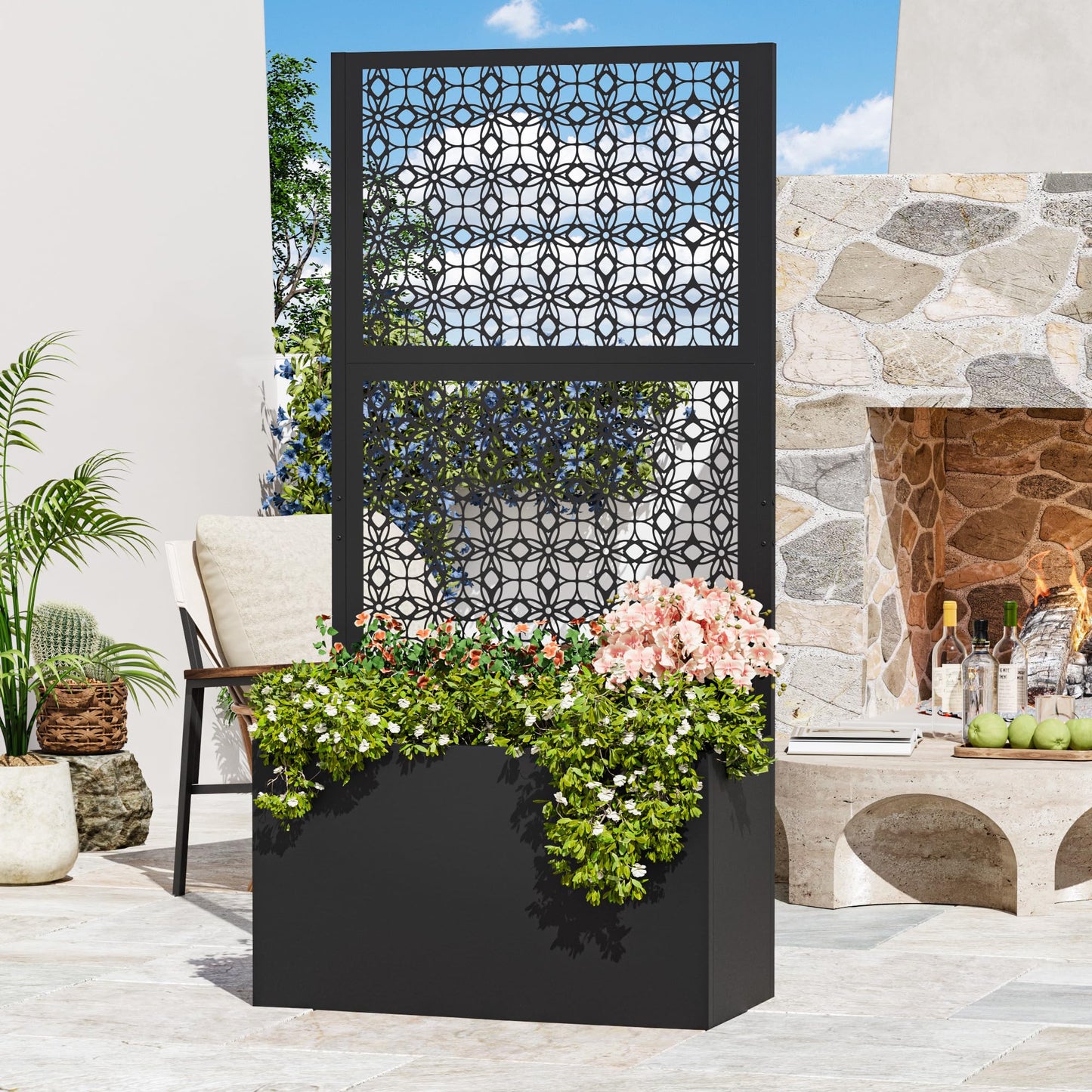 Modern Shade Metal Planter Box with Trellis Privacy Screen, 6x3 FT Large Raised Garden Bed, Multi-Functional Privacy Screen Outdoor with Drainage Holes for Climbing Plants, Petal Weave