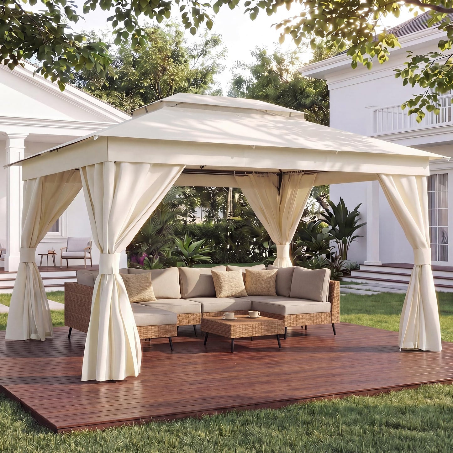 EO Living 10' x 13' Outdoor Patio Gazebo, Heavy-Duty Galvanized Steel Frame with Double-Tier Roof, Mosquito Netting & Privacy Curtains for Backyard, Patio & Lawn, Cream White