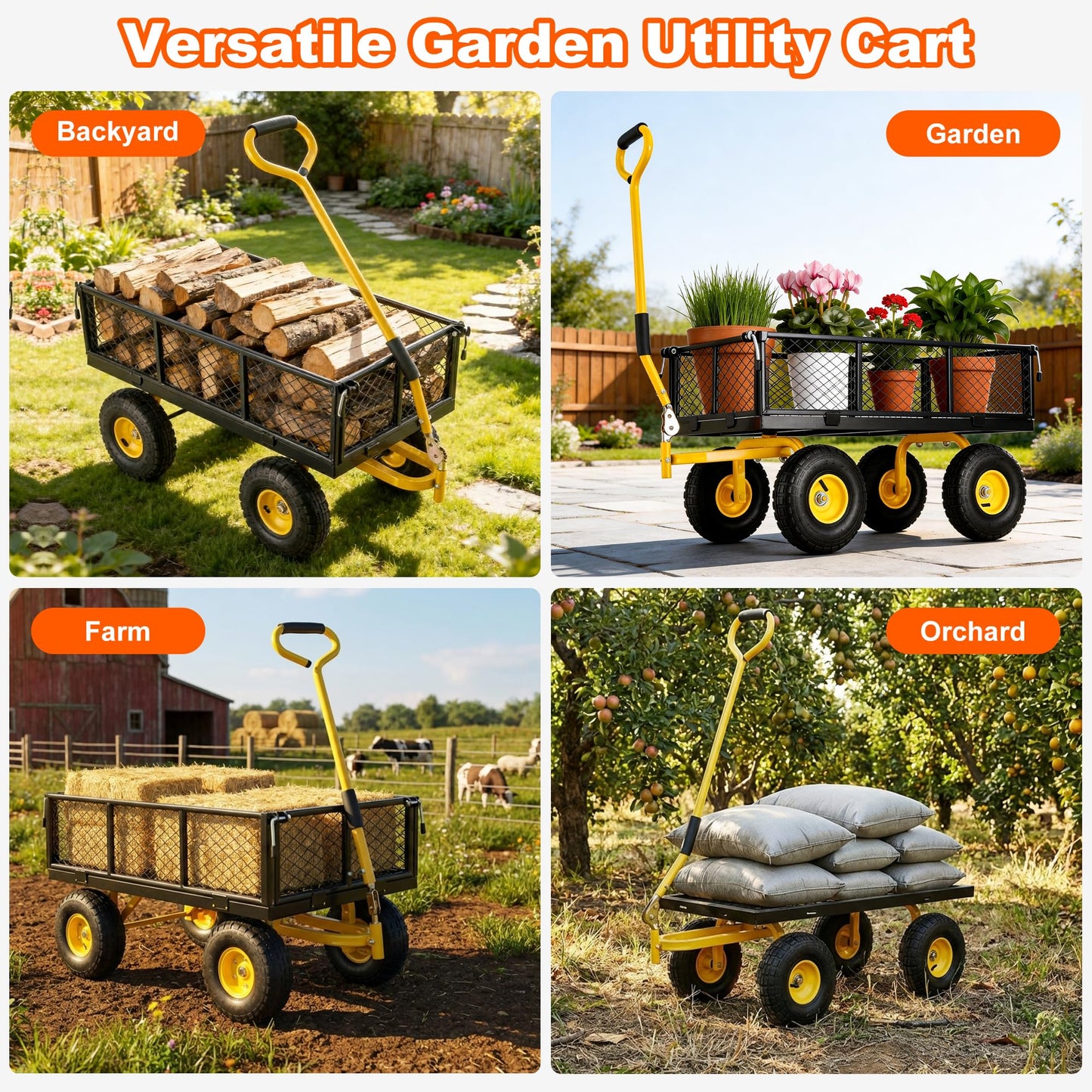 DIAMONDFORGE 900lbs Heavy Duty Garden Cart, Steel Garden Wagon Cart with Fixedable Rotating Handle for Backyard, Utility Yard Wagon with 10" All Terrain Tires, Mesh Removable Sides