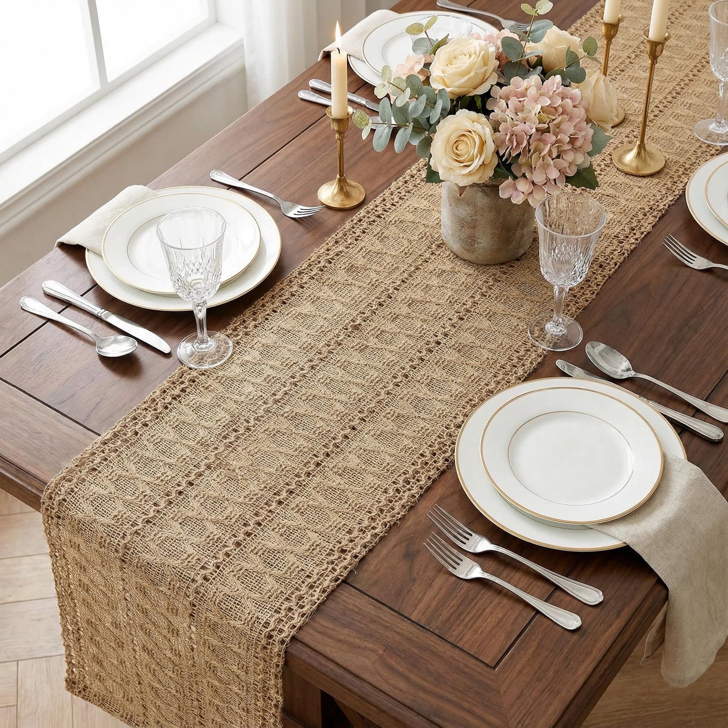 Xiomot Burlap Boho Table Runner Farmhouse Rustic Jute Macrame Woven Dining Table Runner for Bedroom Dresser Kitchen Home Decor(Brown, 12x36 in)