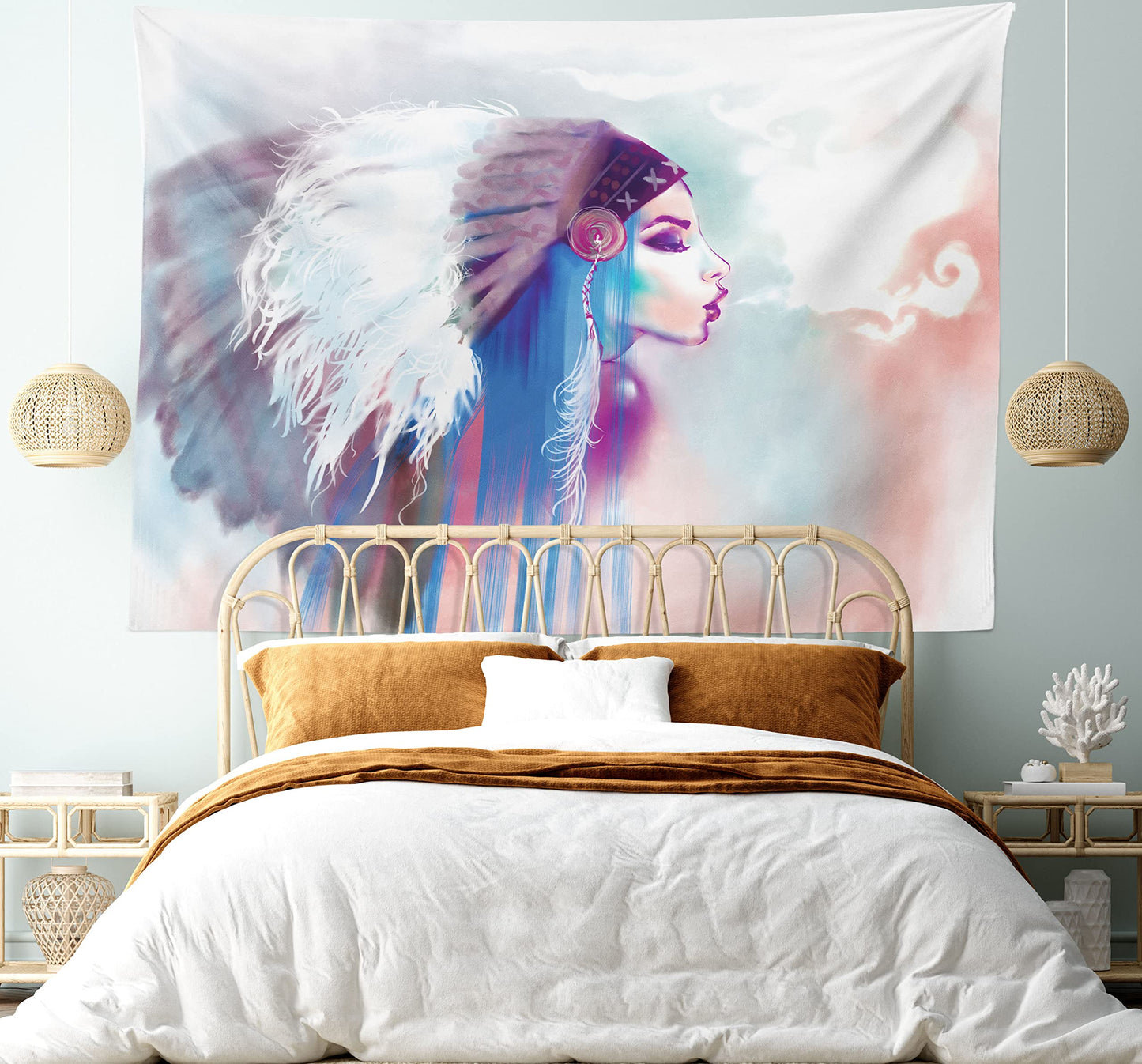 Ambesonne Tribal Tapestry, Girl Smoking Traditional Clothes Abstract Watercolor Background Illustration, Wide Wall Hanging for Bedroom Living Room Dorm, 60" X 40", Multicolor Purple