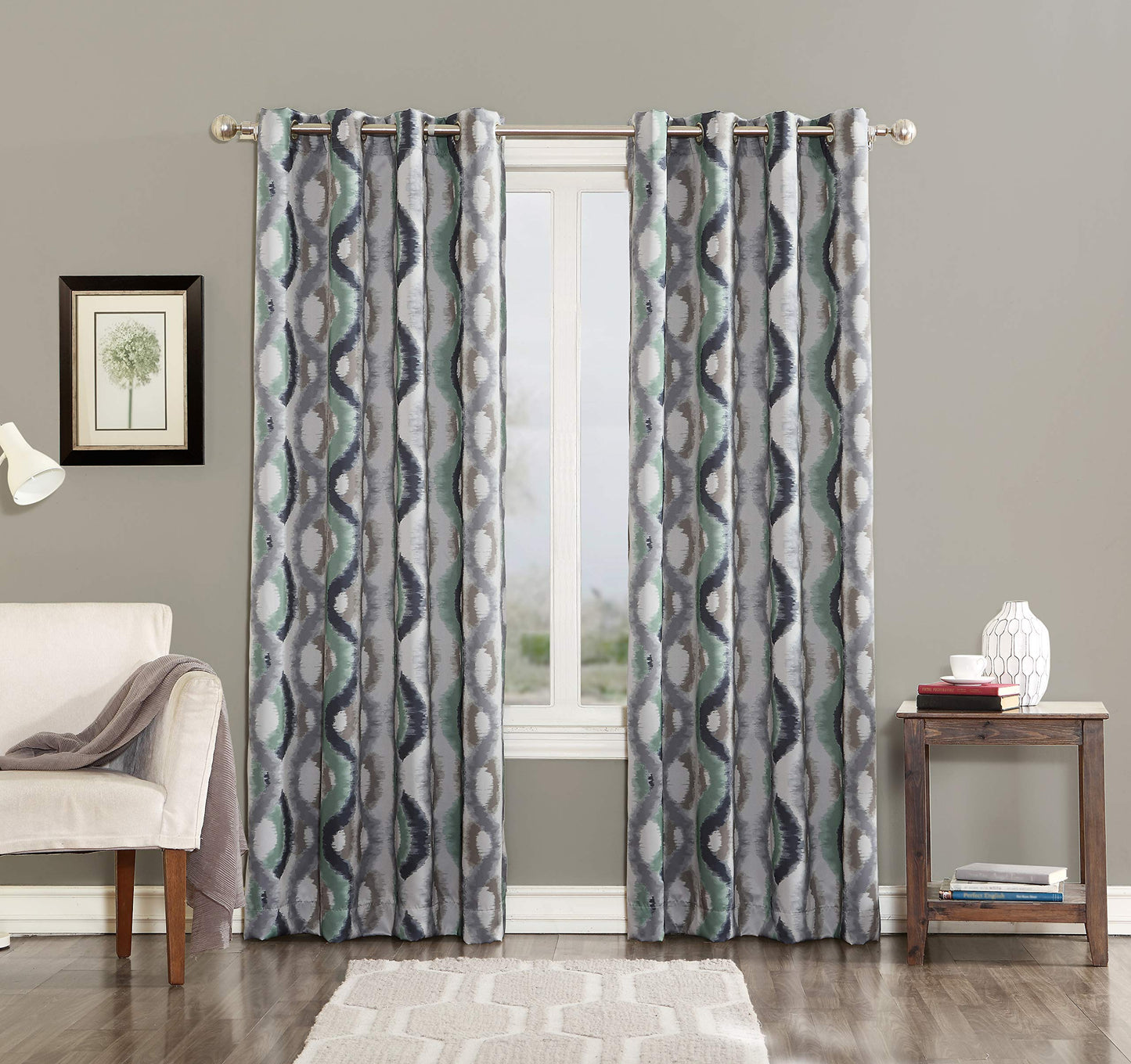 Sun Zero Burbank Watercolor Ogee Energy Efficient Grommet Curtain Panel, 54" x 63", Linen
