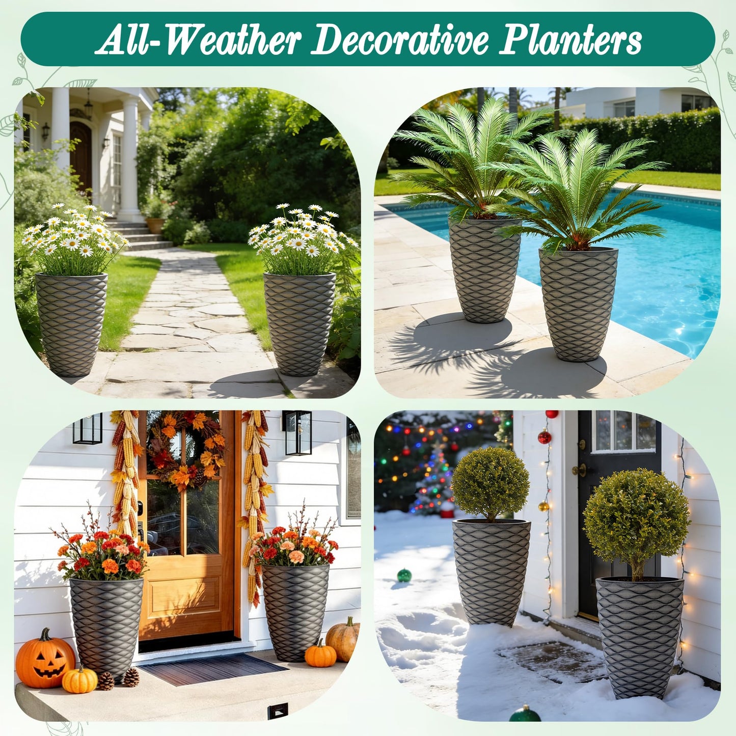 Ultym 19" H Coastal Planter for Indoor/Outdoor Plants, Set of 2 Large Flower Pot with Drainage Hole, Weather-Resistant Resin Planters for Garden Patio Porch Home Office Decor, Rustic Black Wavy