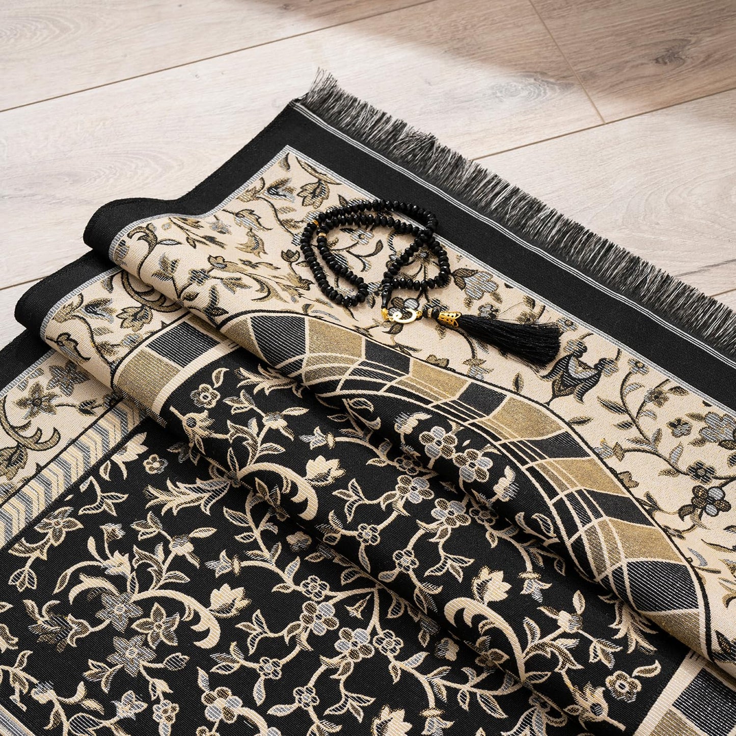 SUMELA Muslim Prayer Rug with Islam Prayer Beads - Travel Prayer Mat, Islamic Gifts for Women, Portable Prayer Matt Islam, Islamic Prayer Rug Islam Men Women, Praying Mat for Muslim Gifts, Black