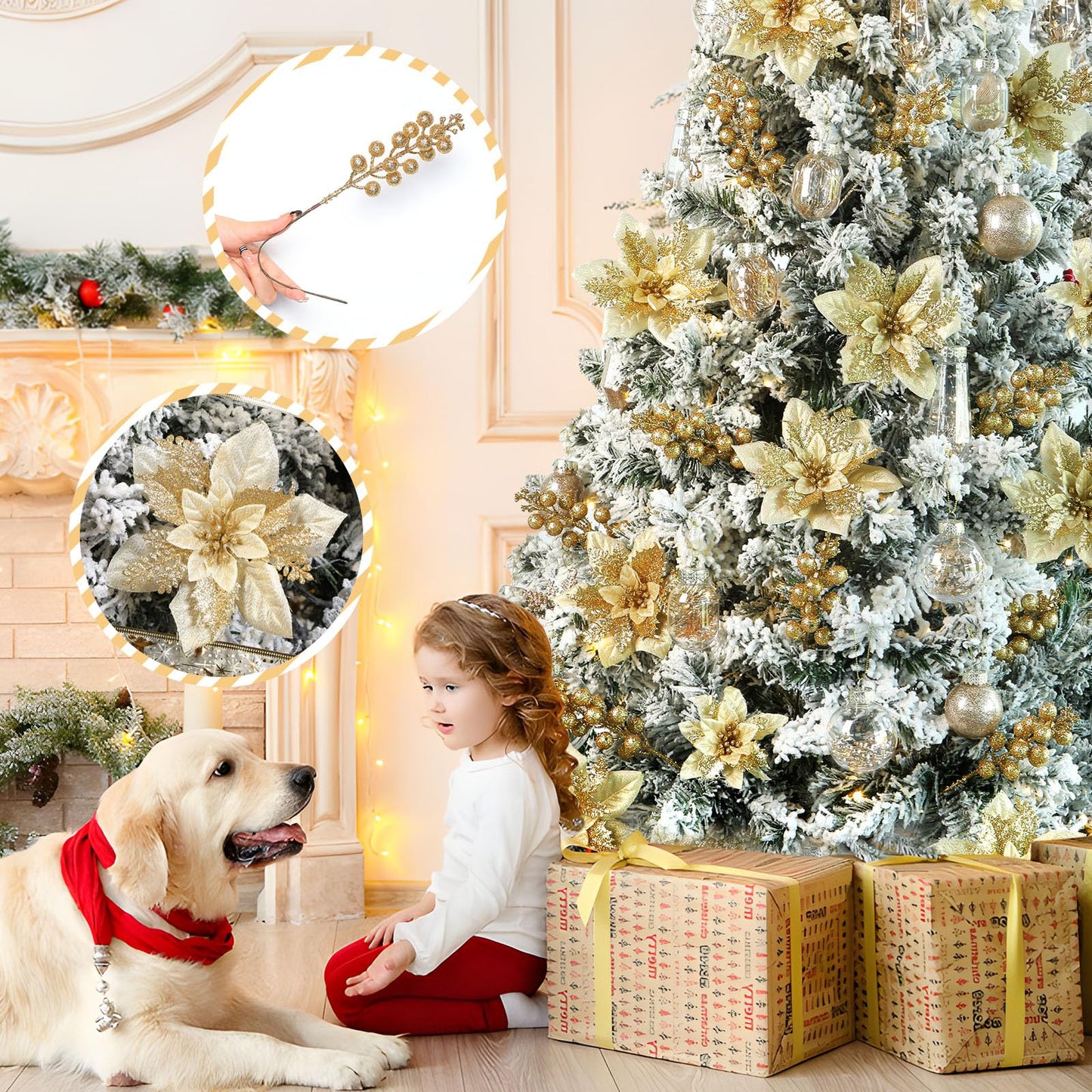 Alupssuc 24 Pieces Christmas Tree Decorations, 12 PCS Gold Poinsettia Flowers Artificial and 12 PCS Glitter Christmas Tree Picks for Christmas Decorations Party Wreath Fireplace Stairs, Gold